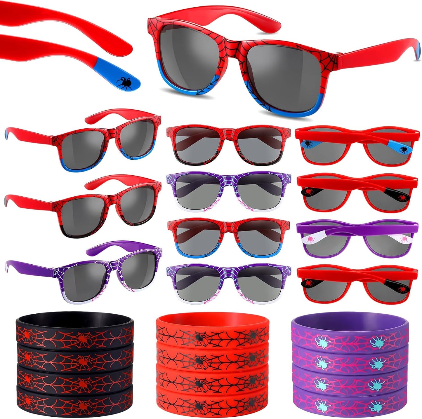 Spider Web Sunglasses - 24 Pcs Silicone Wristbands for Spider Birthday Party | Black, Red, Blue
