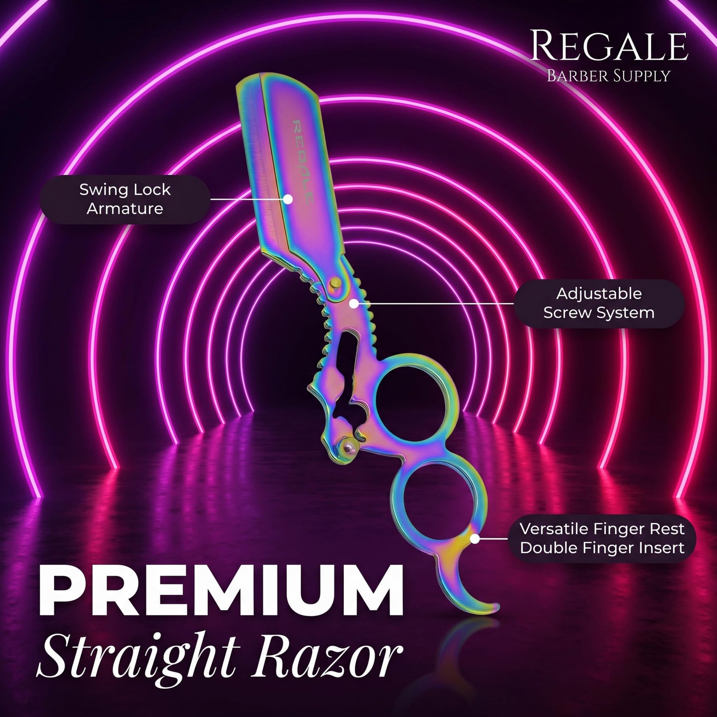 Regale Barber Supply Finger Insert Straight Edge Razor Multi Rainbow, Classic Stainless Steel Barbero Shaver for a Smooth & Precise Shave, Premium Barber Razor for Men's Shaving