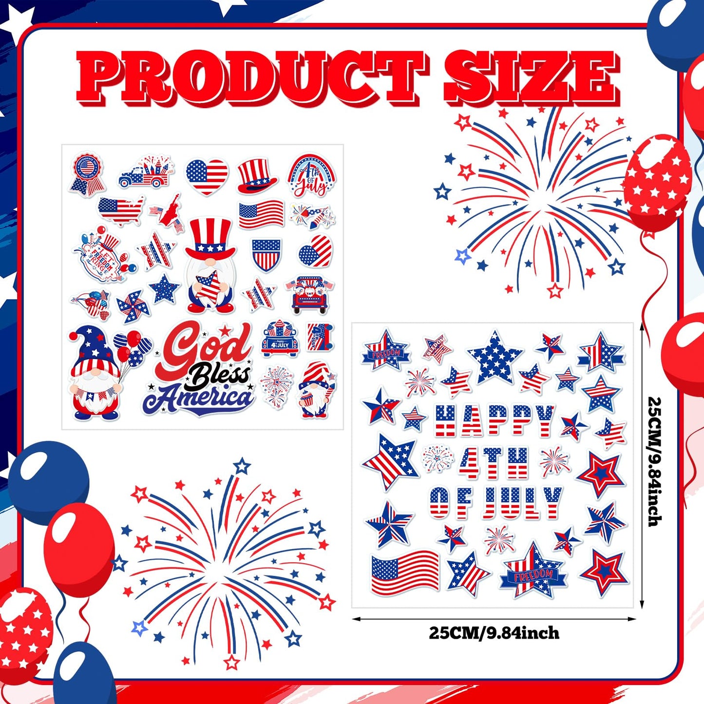 Tellingyou 65 Pcs 4th of July Gel Window Clings Patriotic Stickers Decals Red Blue White American Star Flag Clings for Independence Day Home