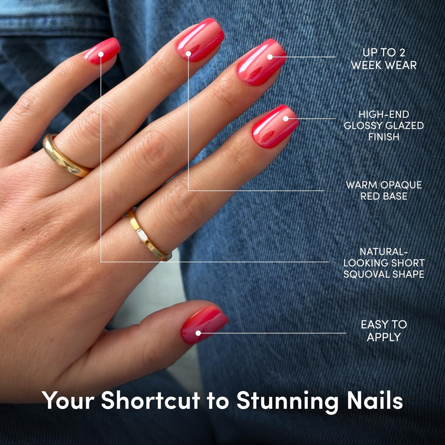 Glamnetic Press On Nails - Short Squoval Fake Nails | Glazed Red Press On Nails, Salon Quality Kit with Glue | Statement Red - 30 Nail Set in 15 Sizes