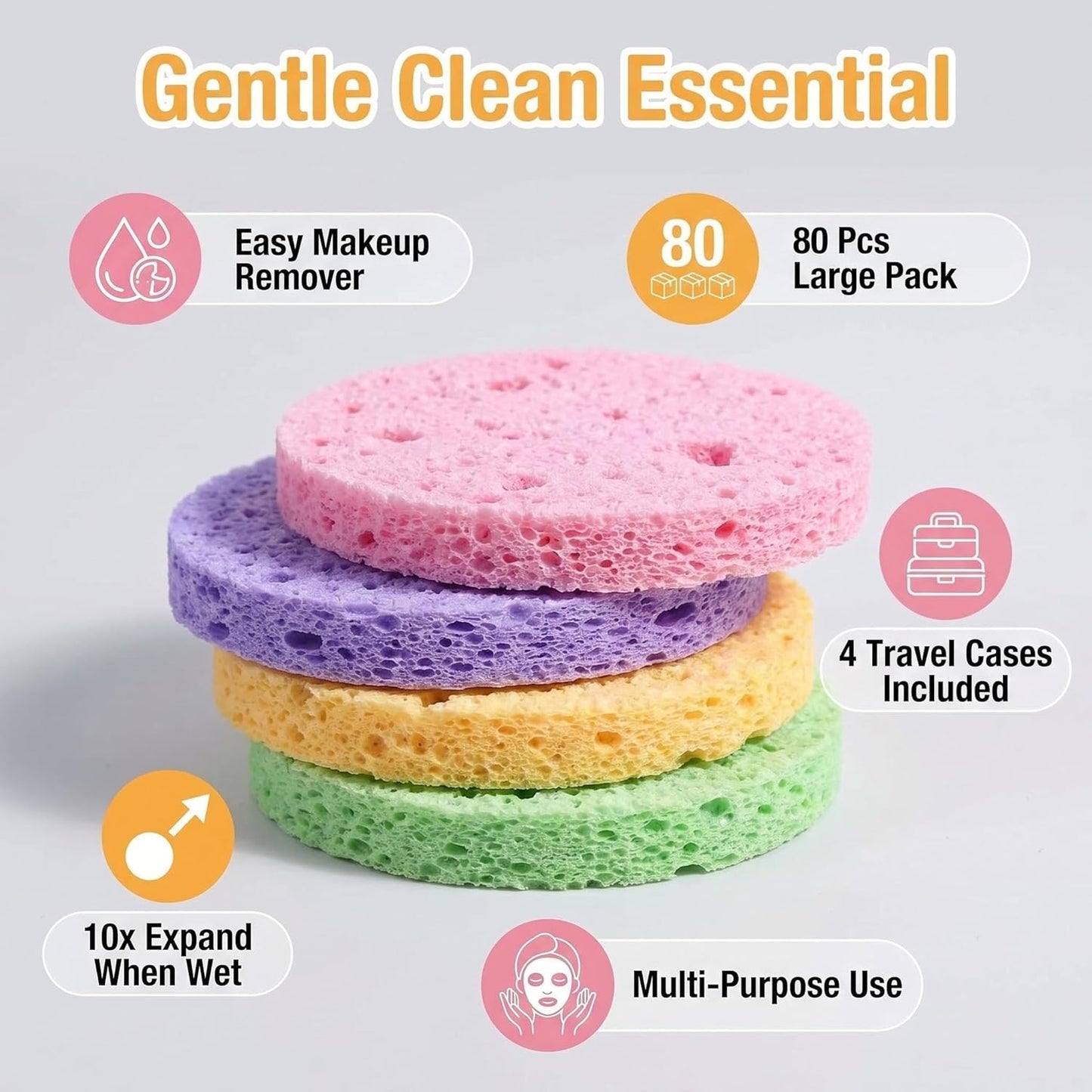 Compressed Facial Sponges - 80 Count Reusable Face Cleansing Pads | Gentle Exfoliating Makeup Removal Sponges for Deep Cleansing