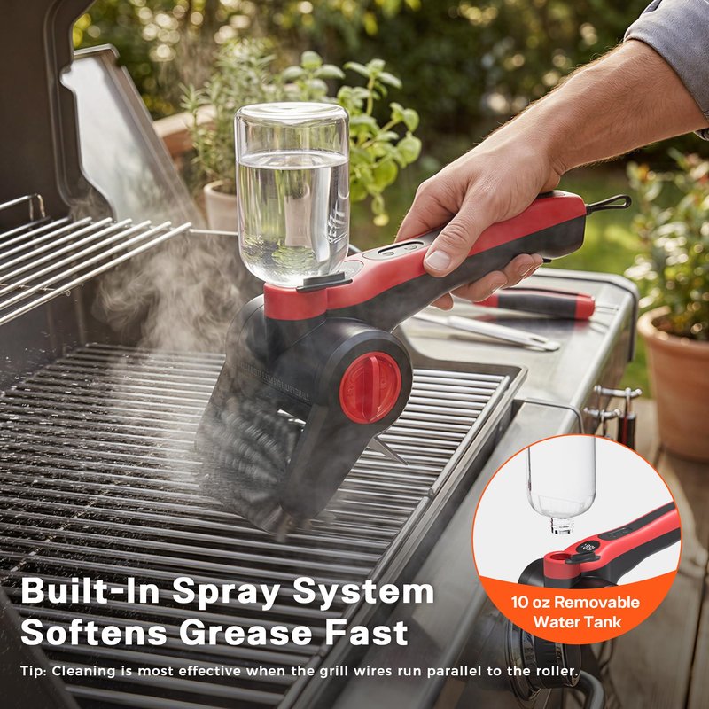 Nozrix Electric Grill Brush, 100W High Power Cordless BBQ Cleaner with 300ml Water Spray Tank, IPX8 Waterproof Automatic Scrubber for Gas Charcoal Grills, 2-Speed Rechargeable Power Brush with Scraper