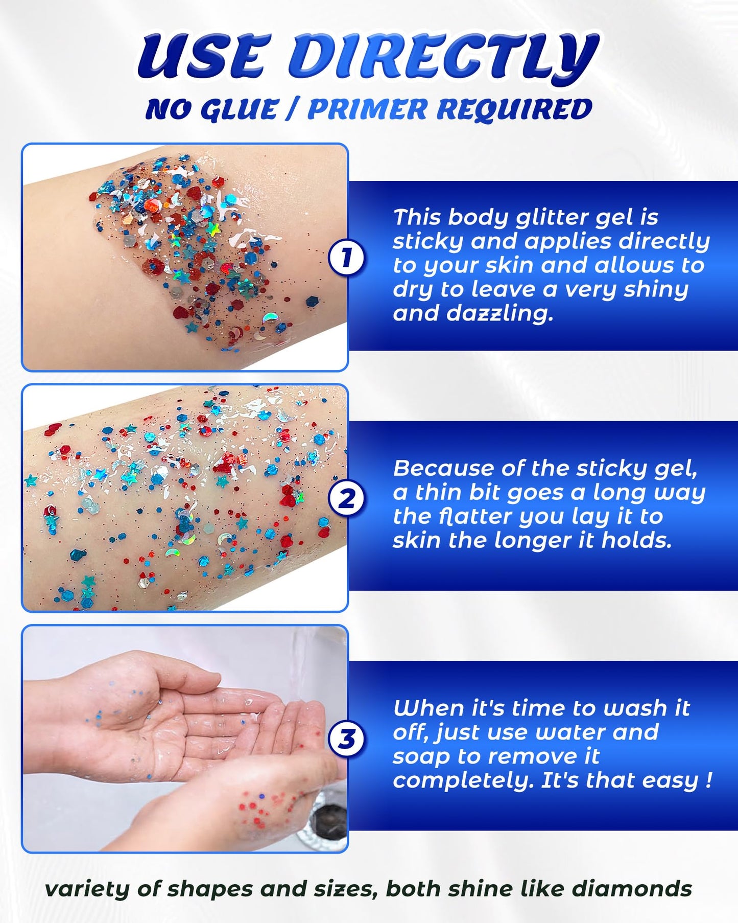 SUMEITANG 6pcs Red White Blue Face & Body Glitter Gel | 4th of July Patriotic Sparkling Makeup | USA Flag Hair Glitter for Independence Day Festivals Parties | Women Kids Fourth of July Outfits