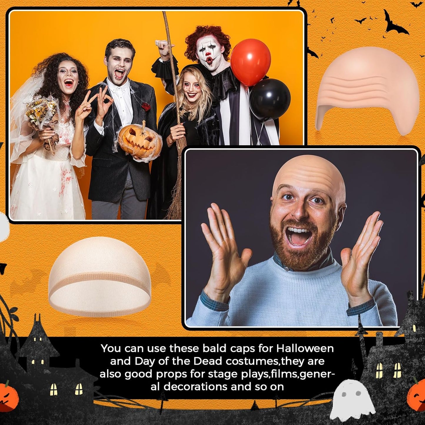 Bald Caps for Men & Women - 6 Pcs Latex Bald Head Wig Caps | Cosplay & Halloween Accessories (Beige, Medium)