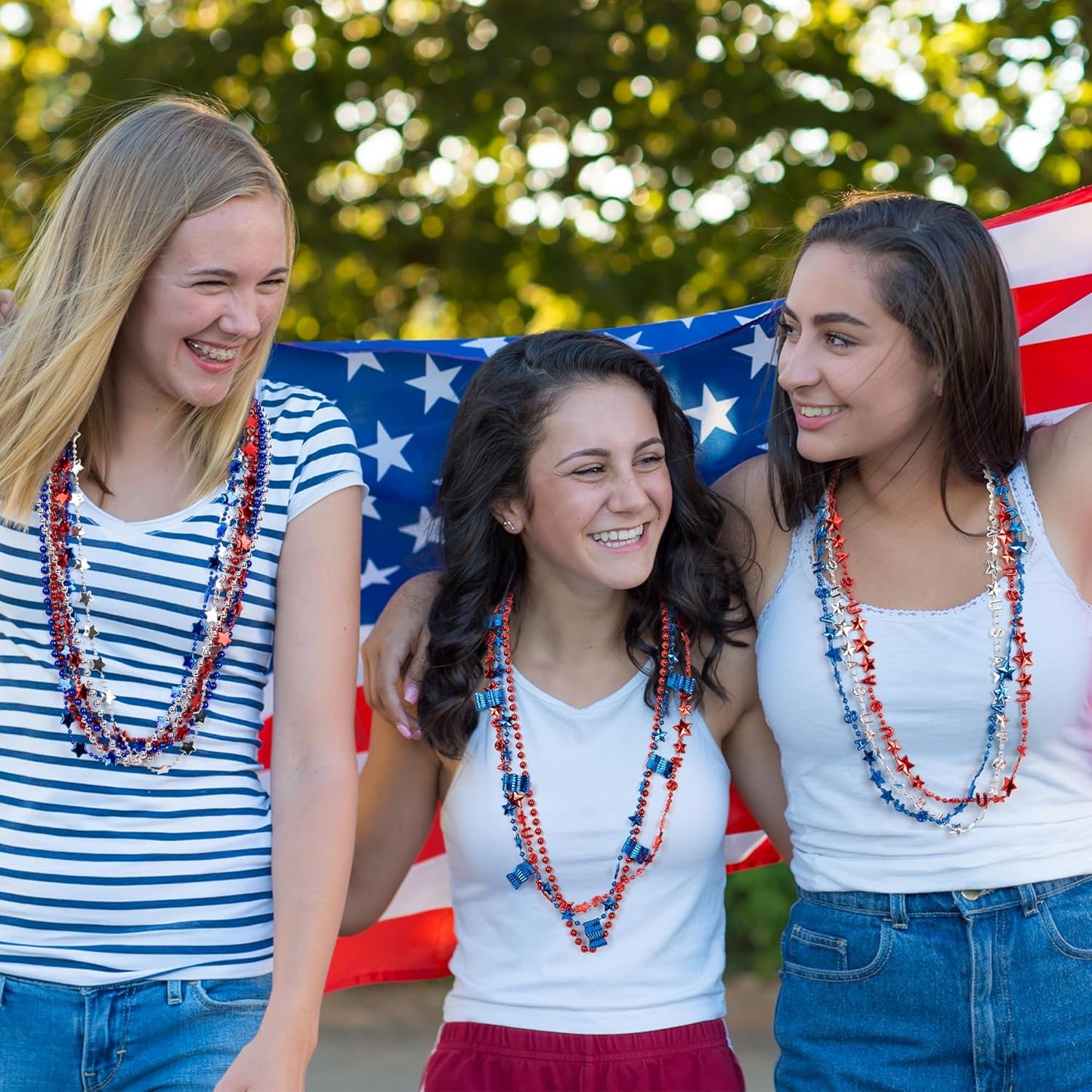 Patriotic 4th of July Necklace Set | 12PCS Red, White & Blue Beads with USA Flags for Independence Day Celebrations