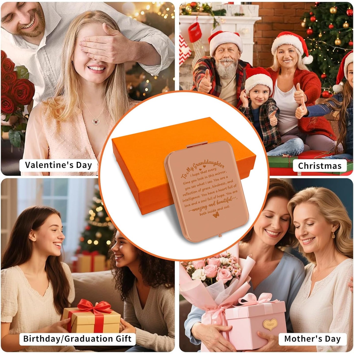 to My Granddaughter - You're Amazing and Beautiful - Pocket Mirror with Light, Granddaughter Engraved Compact Magnifying Mirrors with Light, Family First Mirror Encouragement Gifts from Grandparents