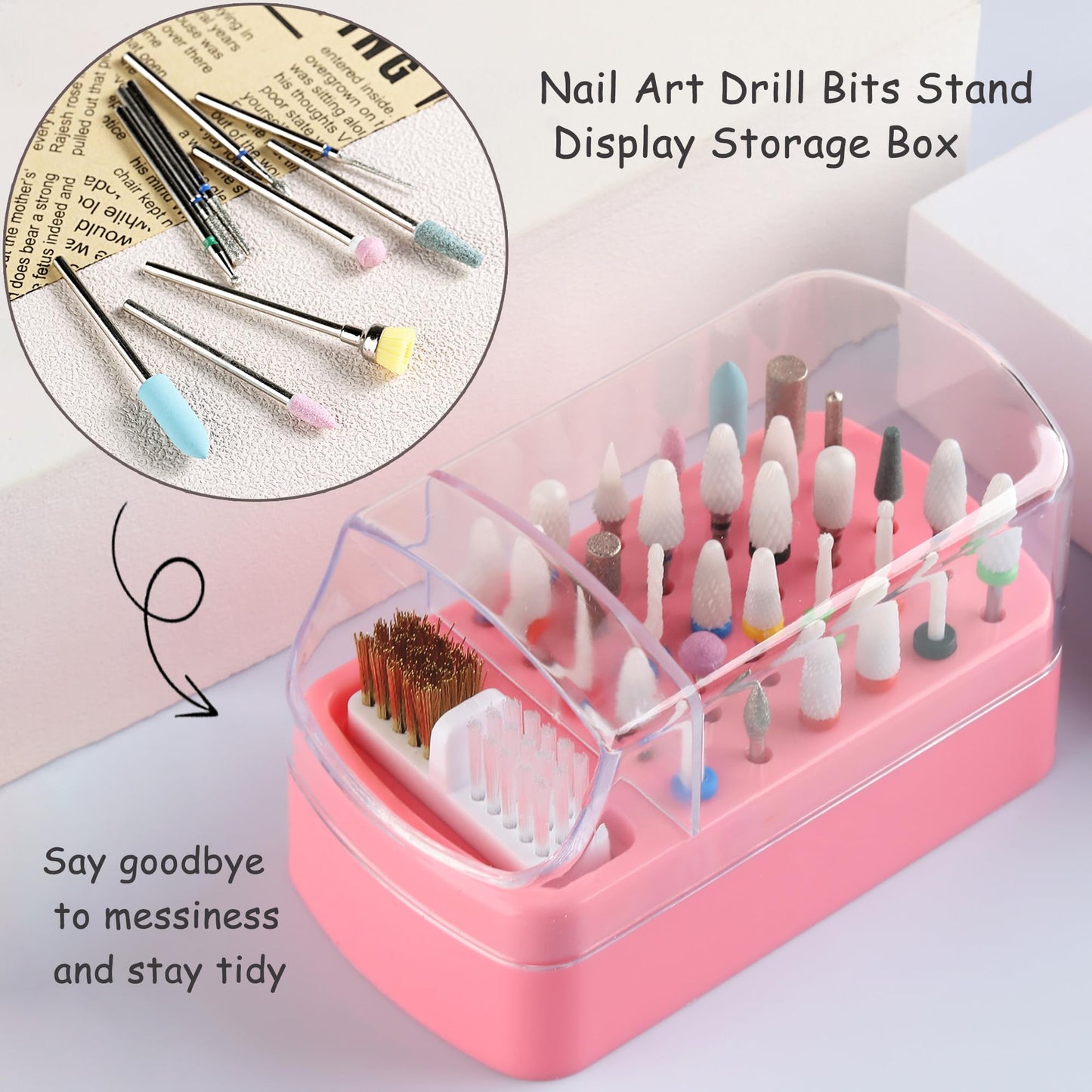 FSpronail Nail Bit Holder & Nail Drill Bit Cleaner 2 in 1, 30 Holes Nail Drill Holder Organizer Nail Bit Brush Cleaner Drill Bit Holder for Nails Dustproof Stand Displayer Storage Box Tools