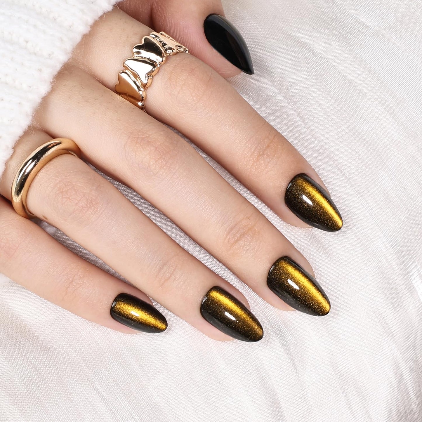 Red Cat Eye Press On Nails - Almond Short Reusable Fake Nails | 32pcs in 16 Sizes, Garnet Color