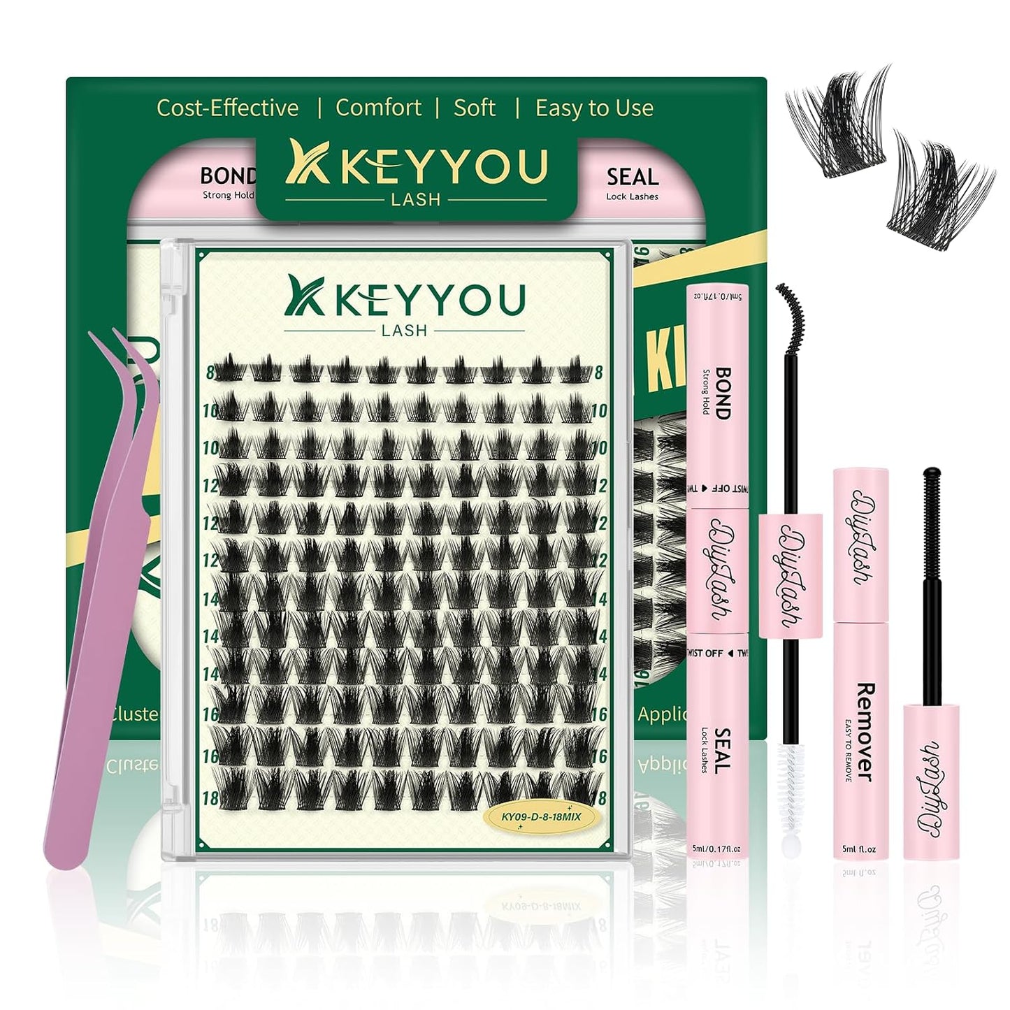KEYYOU 3D Eyelash Clusters - 280pcs Wispy Volume Lashes | 80D D Curl, 9-18mm Mix