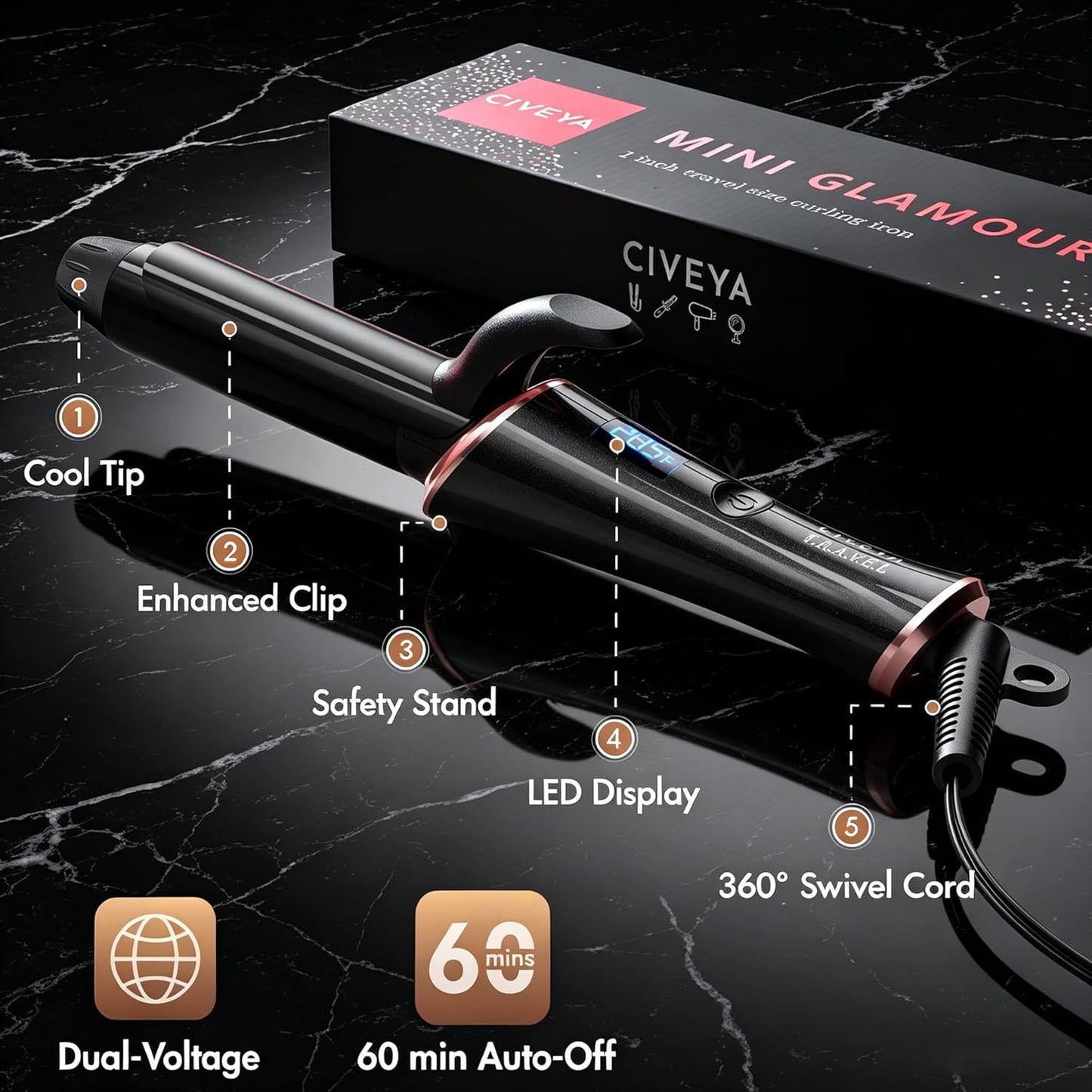 CIVEYA Travel Mini Curling Iron - 1 Inch Dual Voltage Ceramic Wand with 5 Adjustable Temps | Fast Heat-Up, Infused with Argan Oil