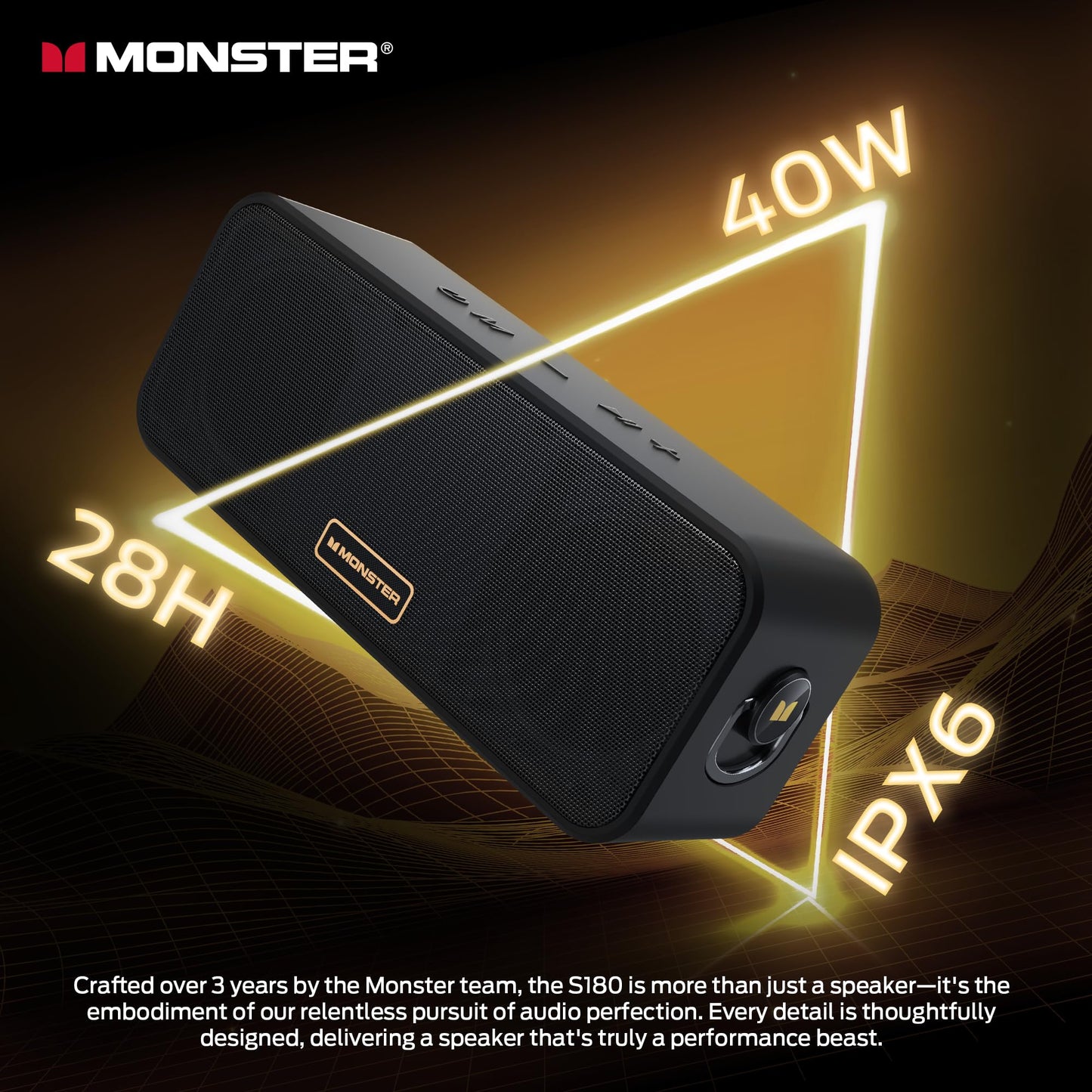 Monster S180 Bluetooth Speaker, 40W Wireless Speaker with 28H Playtime, Stereo Sound, Bluetooth 6.0, Support AUX, TF, Wireless Stereo Pairing, IPX6 Waterproof Speaker for Home, Outdoor