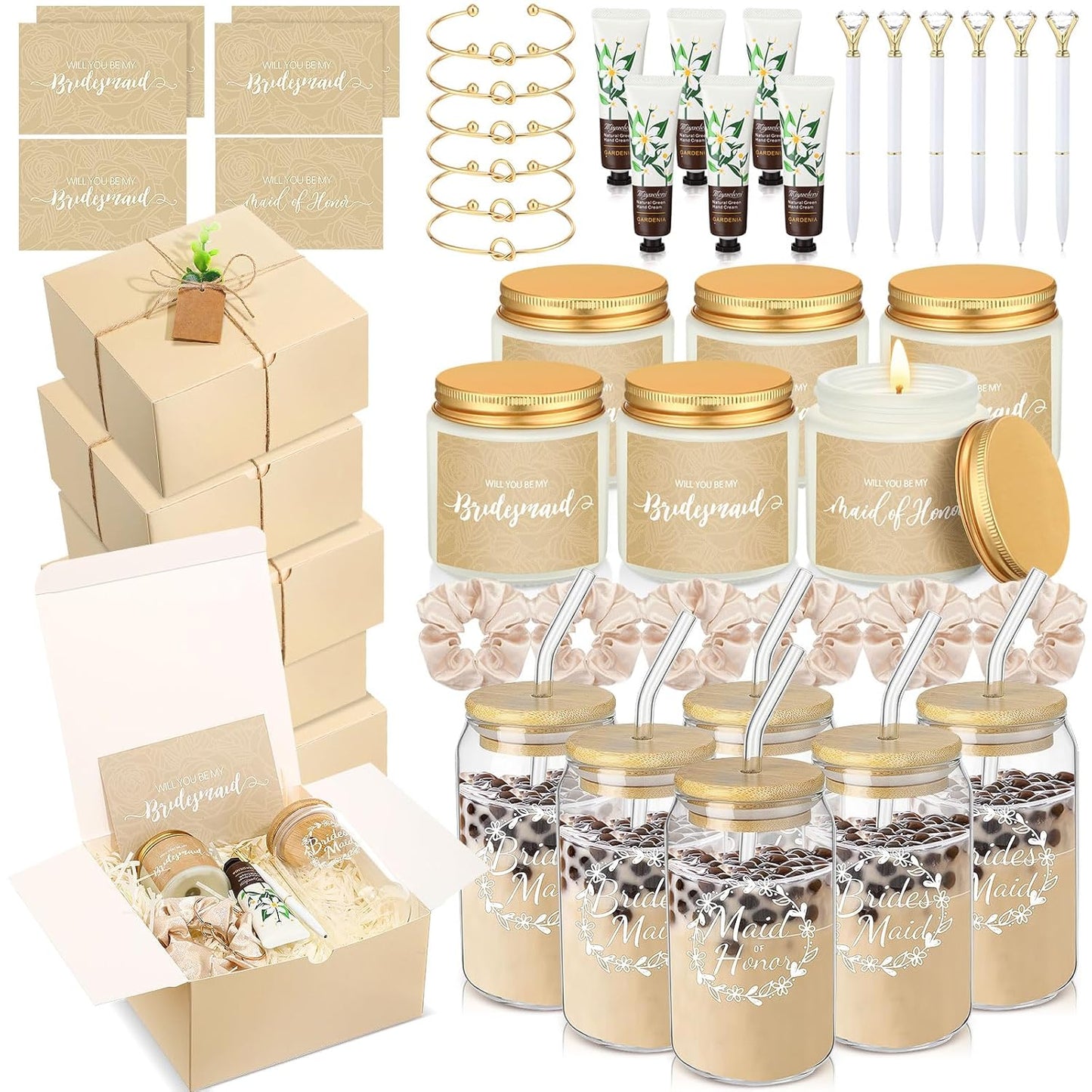 Bridesmaid Proposal Gifts Box Set - 60 Pcs Including Glass Cup, Candle, Cards & More | Black