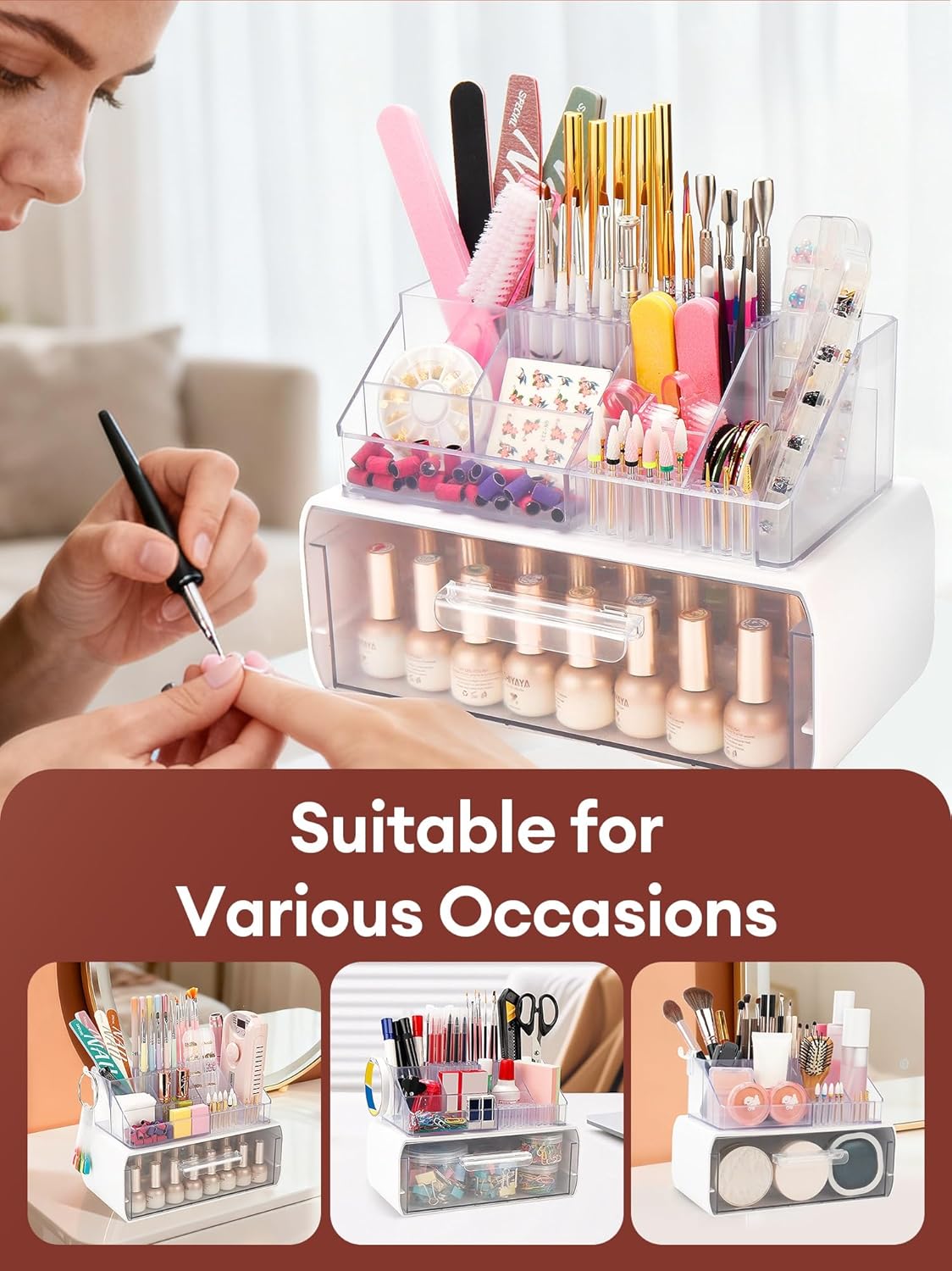 Nail Drill Holder with Drawer - Acrylic Makeup Organizer Case for Nail Bits | Beauty Storage Box for Dresser & Vanity
