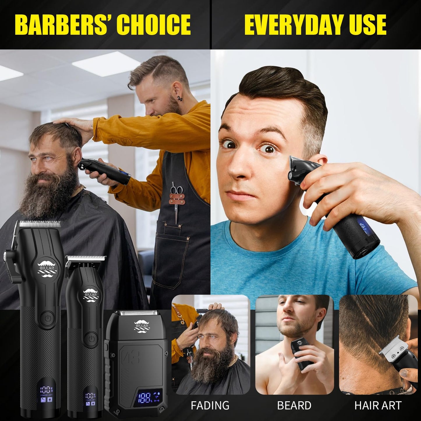 BILLAR® Cordless Barber Kit, Professional Hair Clipper Set with Trimmer and Foil Shaver, Rechargeable Haircut Grooming Tools for Men Barbers, Blackk