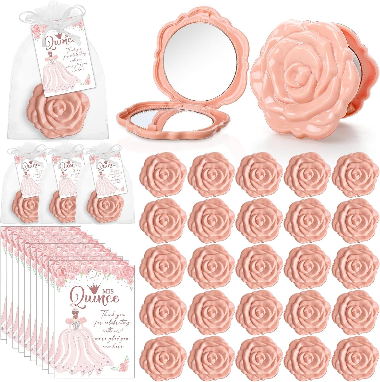 Quinceanera Party Favors - 50 Sets Rose Design Compact Pocket Mirrors & Thank You Cards | Gold Organza Bags