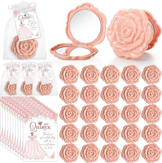 Quinceanera Party Favors - Rose Design Compact Pocket Mirrors with Thank You Cards & Organza Bags | Pink