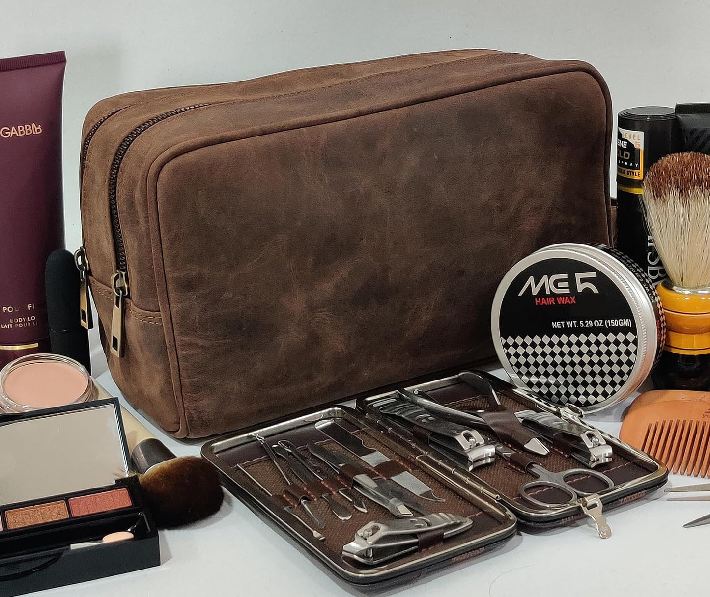 Full Grain Leather Travel Toiletry Bag - Rustic Town Cosmetic Organizer | Dark Brown