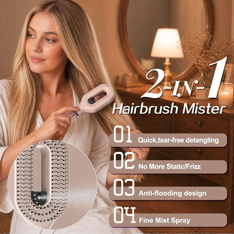 Thick & Long Hair Brush with Water Spray | 2-in-1 Detangling Tool for Curly Hair, Reduces Breakage & Frizz - Khaki