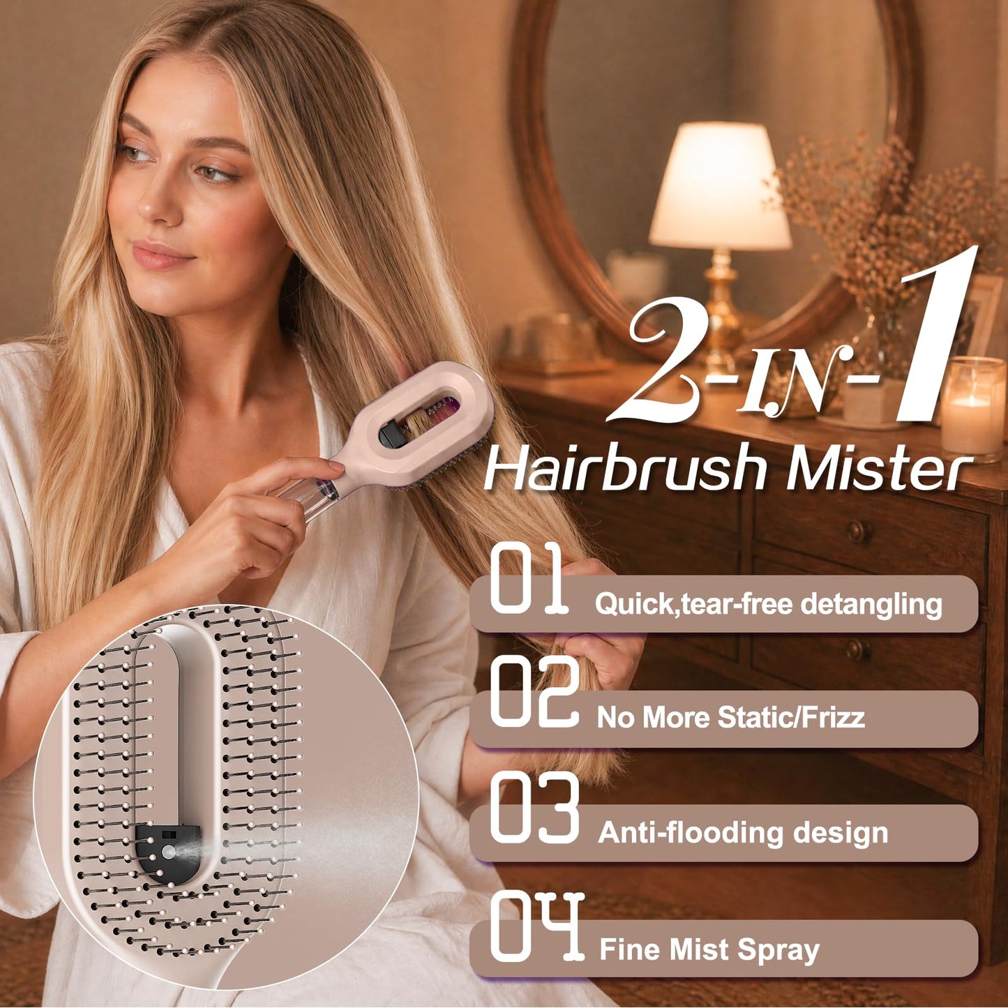 Beige Hair Brush with Water Spray, Premium Fine Mist Detangling Tool for Women, Wet & Dry Styling for Thick Long Hair, Elegant Everyday Hair Care Solution(1, Khaki)