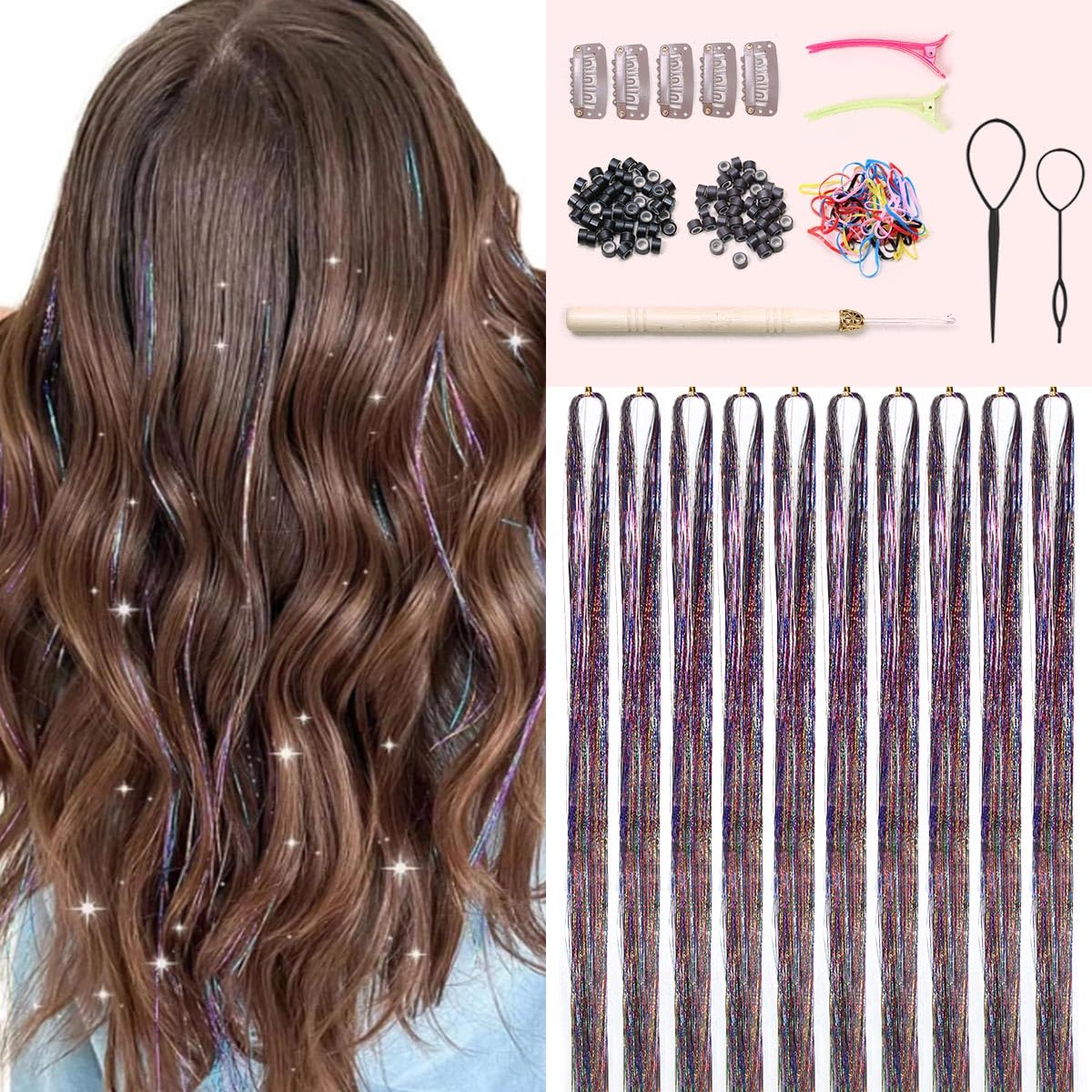 Hair Tinsel Kit - 20 Colors Fairy Tinsel Hair Extensions | Heat Resistant Glitter Accessories for Teens (48 Inch)