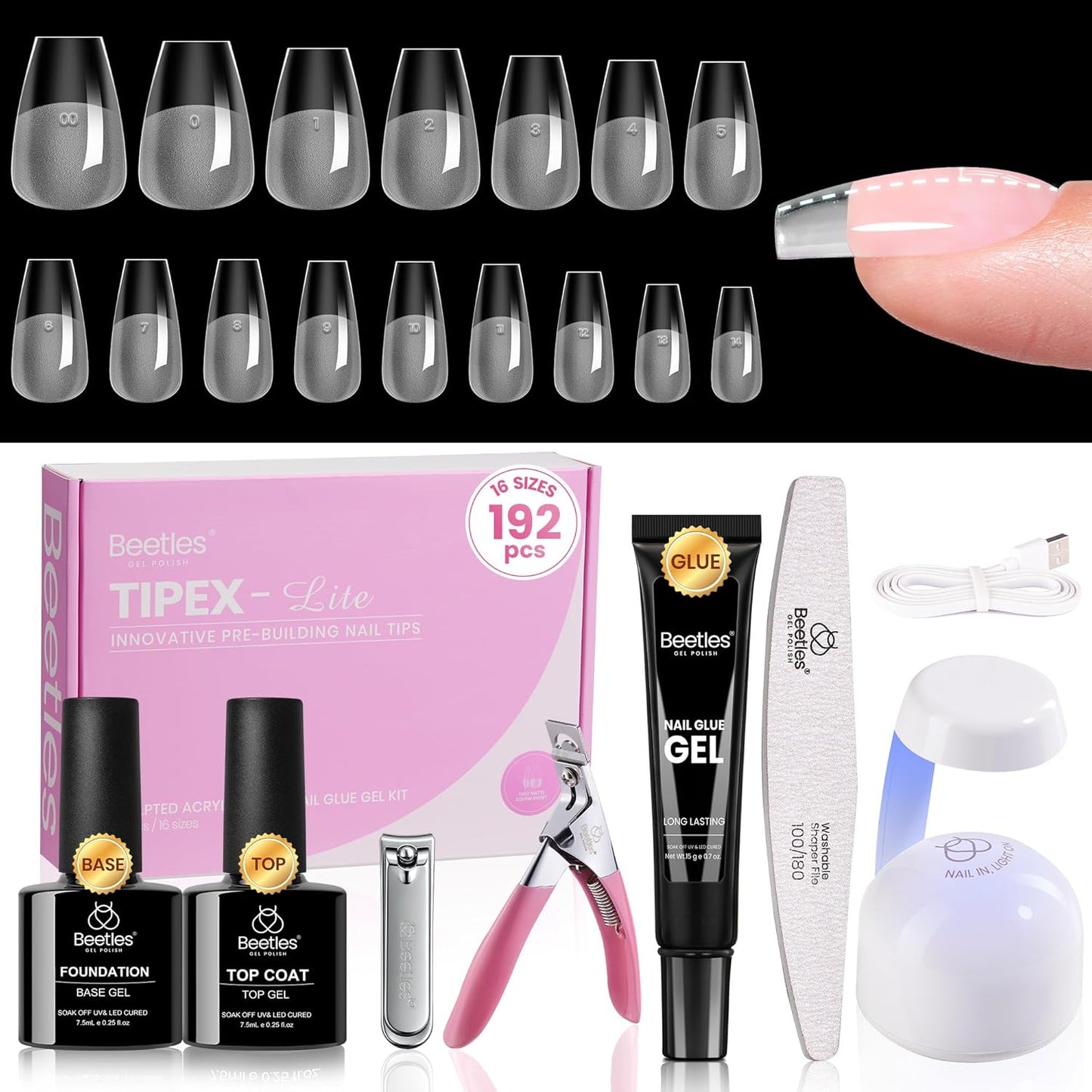 Beetles Tipex Lite Kit - All-in-One DIY Nail Art Set with Mini UV Lamp, 256PCS, Short Almond, 16 Sizes