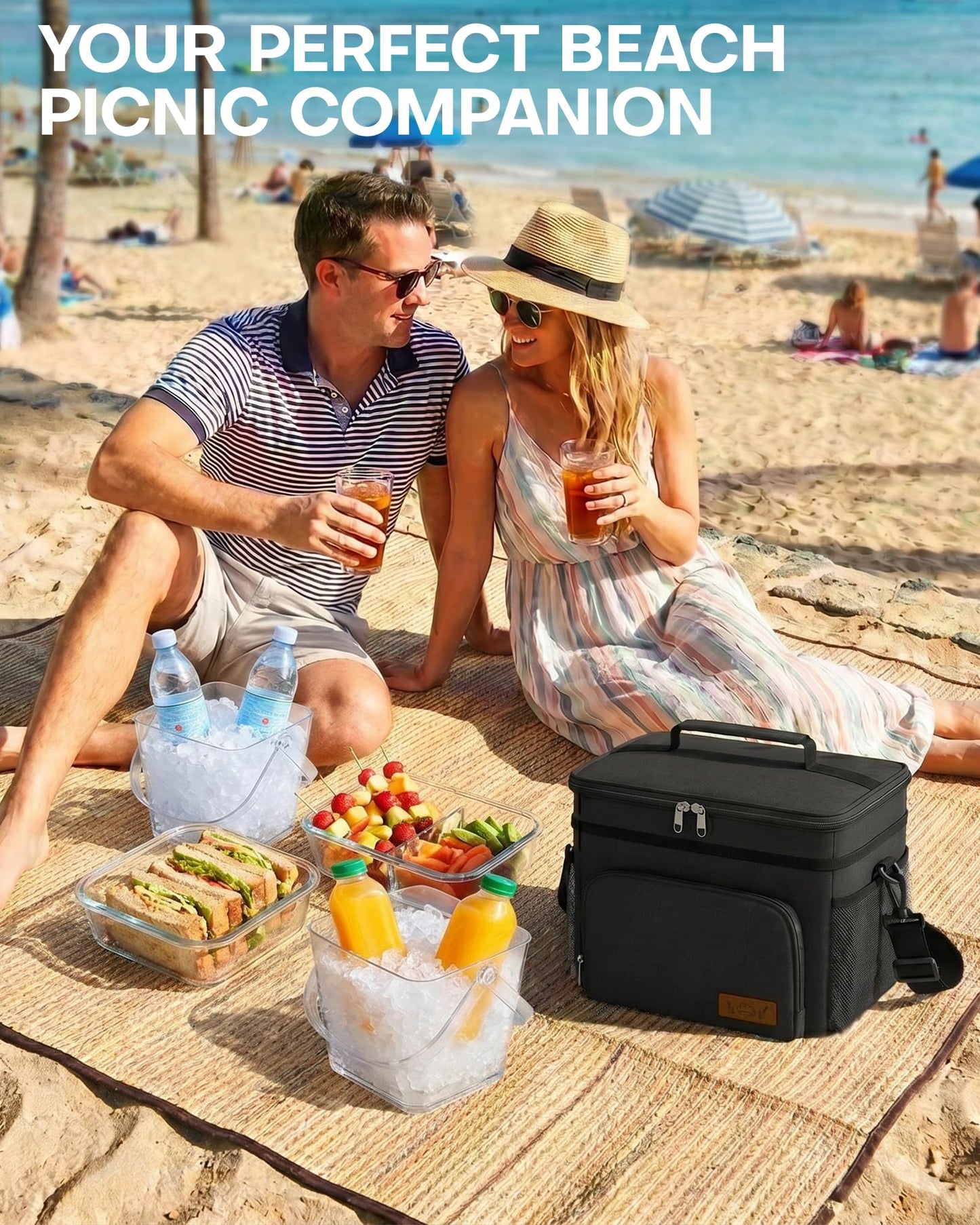 HOTOR Insulated Lunch Box for Men & Women - Leak-Proof Cooler Lunch Bag with 4 Pockets, Adjustable Strap, Ideal for Work, Picnic, Travel - Medium, Black, 10.2"×6.9"×8.5"