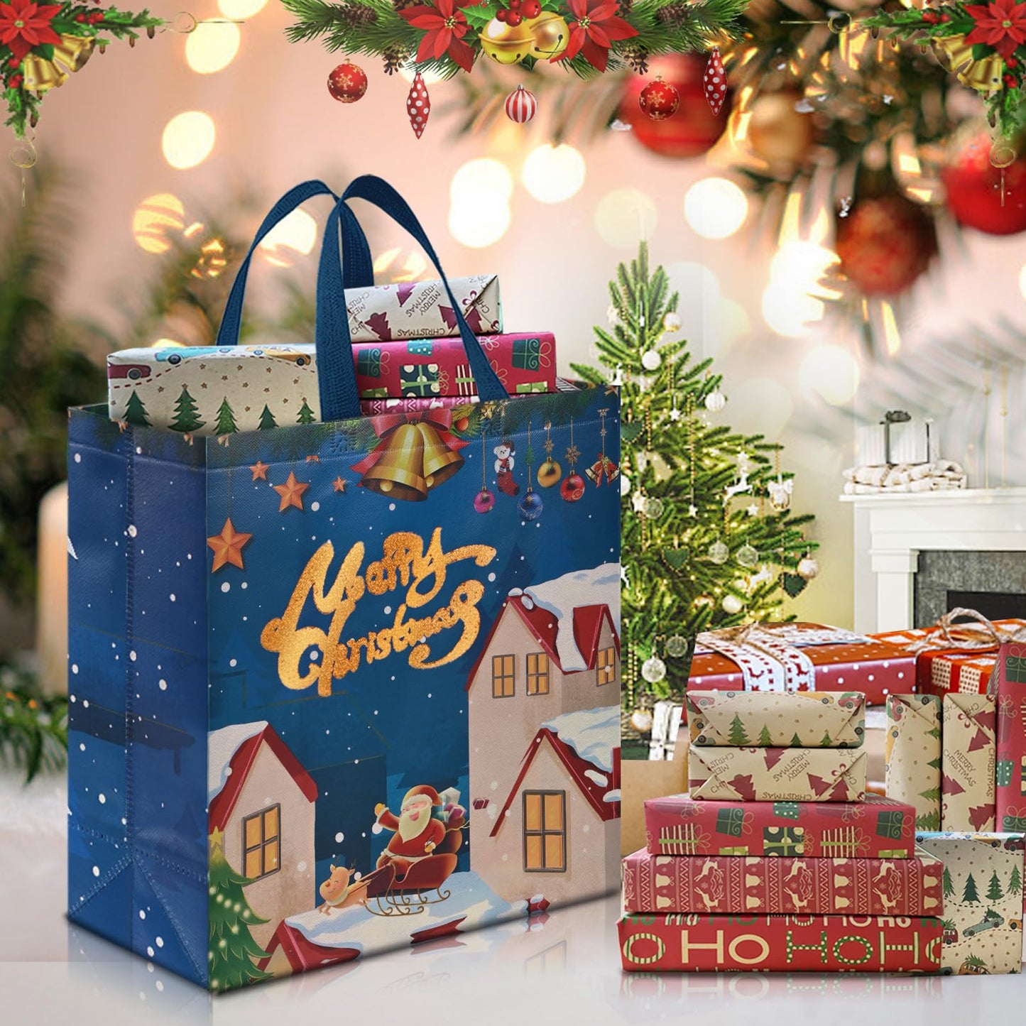AhfuLife 6PCS Extra Large Christmas Gift Bags, 15''x13.7''x5.9'', Christmas Tote Bags with Handles, Reusable Non-woven Shopping Bag for New Year, Xmas's Party Supplies Decorations