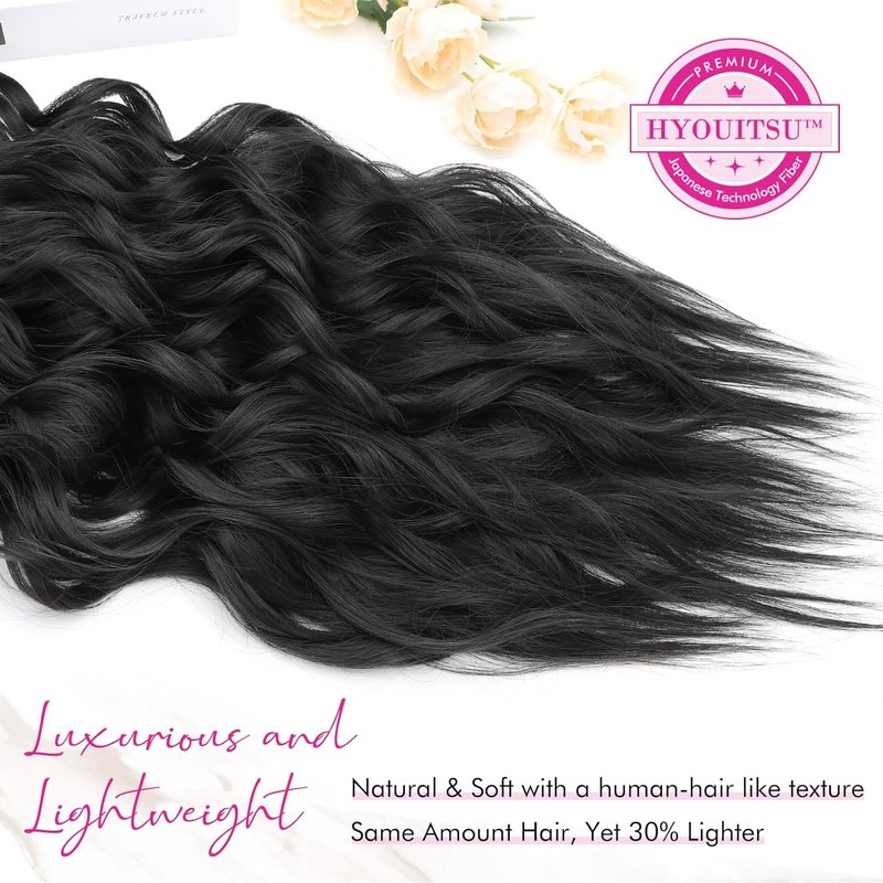 REECHO Clip-In Hair Extensions - 24" Thick Long Beach Waves | Black Invisible Lace Weft Synthetic Hairpieces