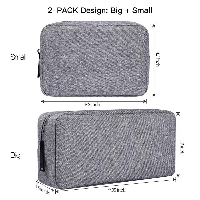 Portable Electronics Accessories Storage Bag, 2PCS Big + Small Carrying Case Travel Cable Organizer Cosmetic Bag Pouch Compatible Hard Drive, Power Bank, Mouse, Laptop Charger, Cellphone, Gray