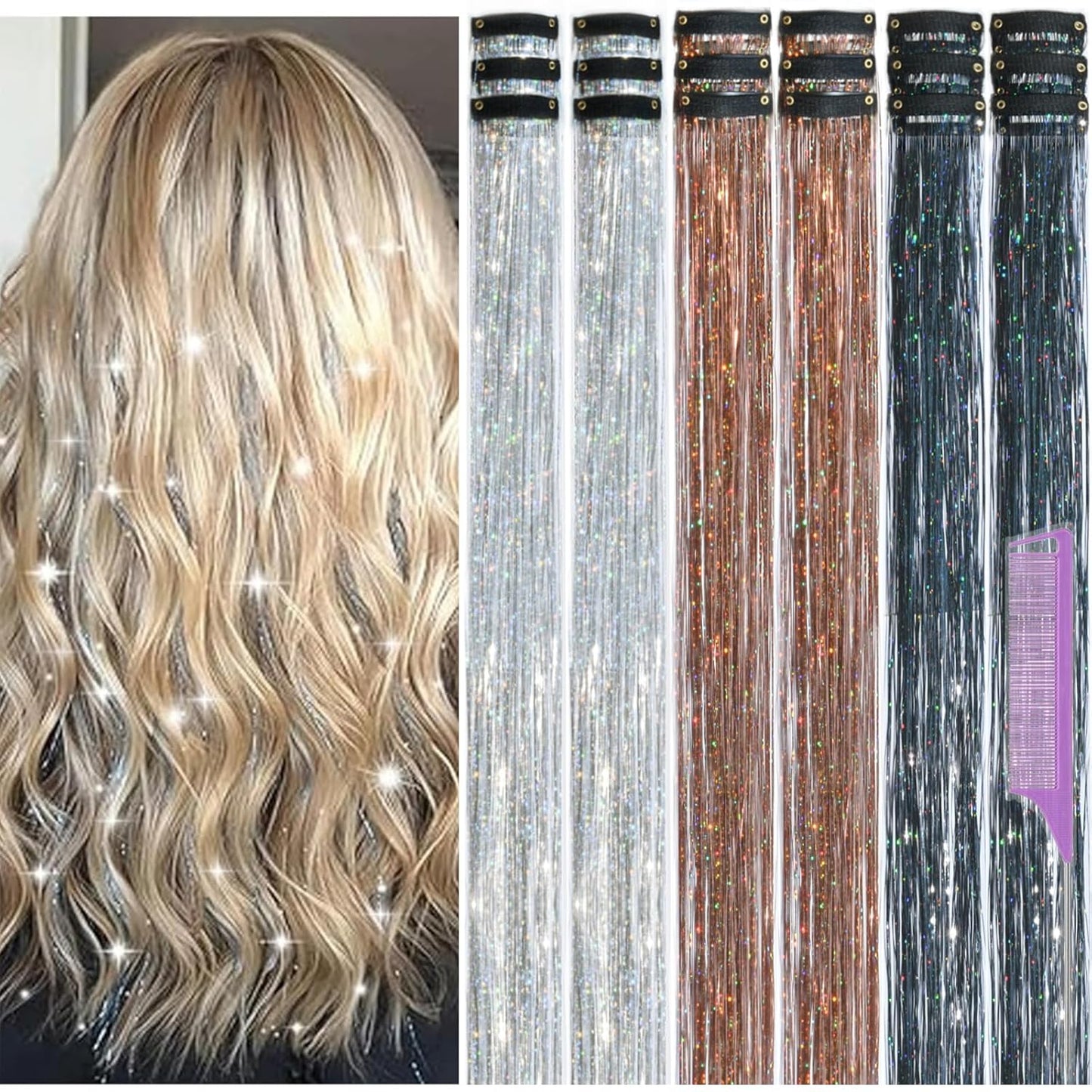 Hair Tinsel Clip-Ins - 22 Inch Purple Glitter Extensions for Women & Girls | 18 Pcs Fairy Hair Accessories
