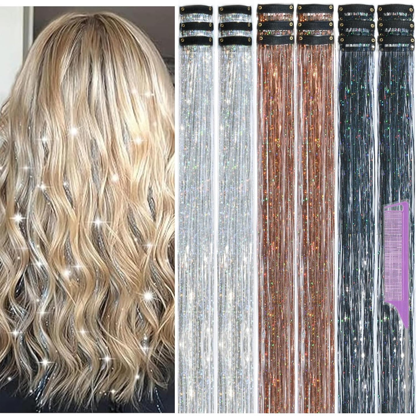 Hair Tinsel | 22 Inch Silver Clip-In Extensions - 18 Pcs Glitter Kit for Women & Girls