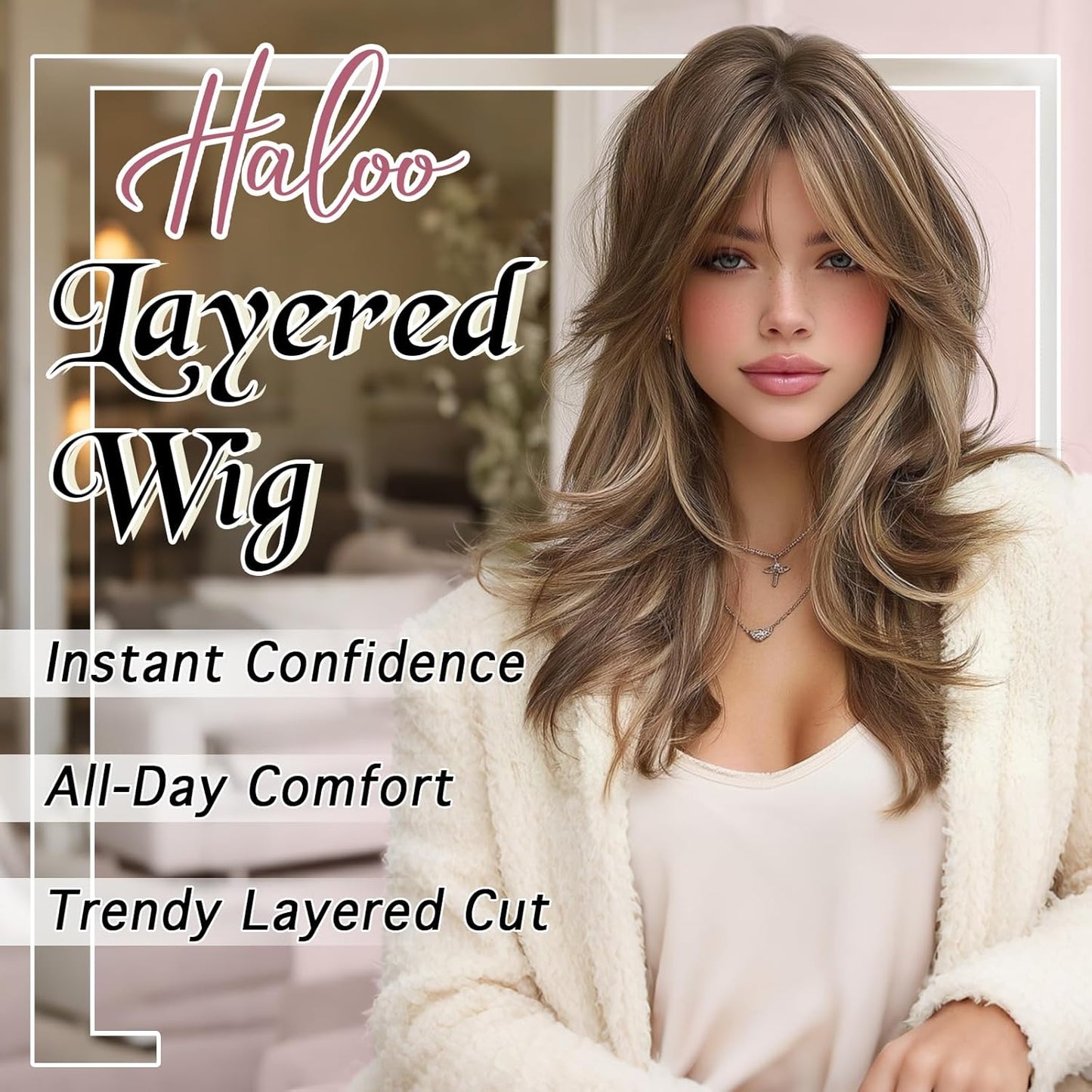 Brown Layered Wig with Curtain Bangs - Long Wavy Synthetic Hair, 20 Inch | Natural Looking Middle Part for Women