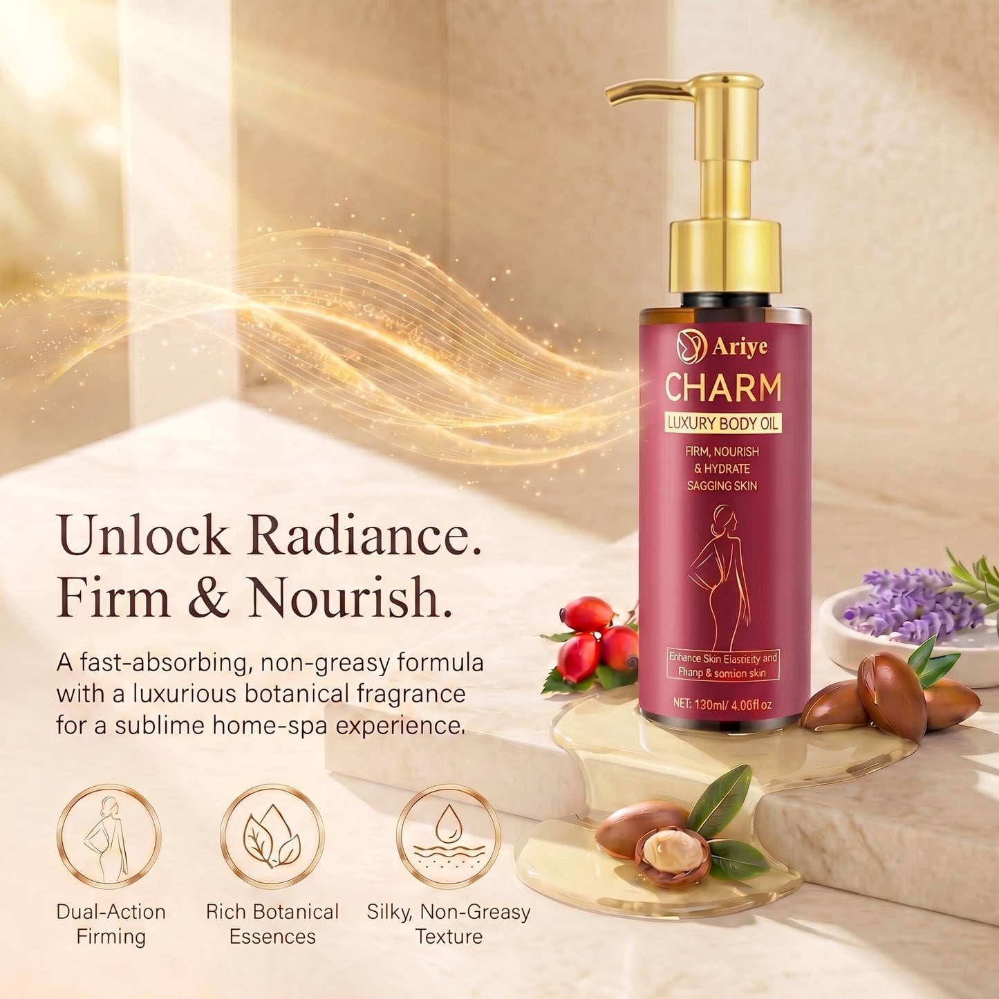 ARIYE Firming Body Oil for Crepe Skin, After Shower Glow Oil, Natural Moisturizer for Dry Skin, Tightens & Softens Crepe Skin & Wrinkles, Lightweight Non-Greasy for Arms Legs Stomach, 4.06 Fl Oz