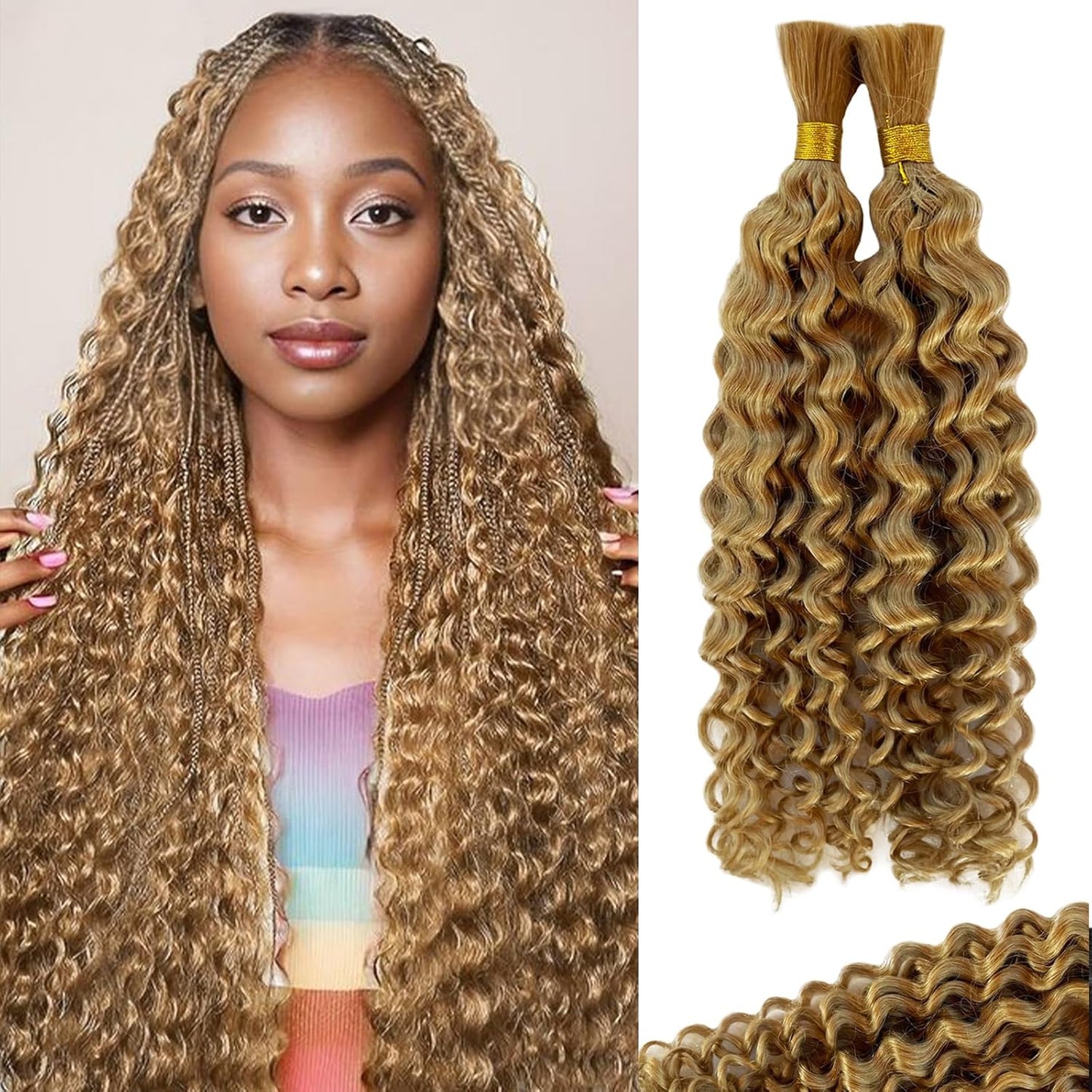 Braiding Human Hair Water Wave - 2 Bundles 100g Ombre Curly Extensions | 14 Inch Black/Brown Highlights