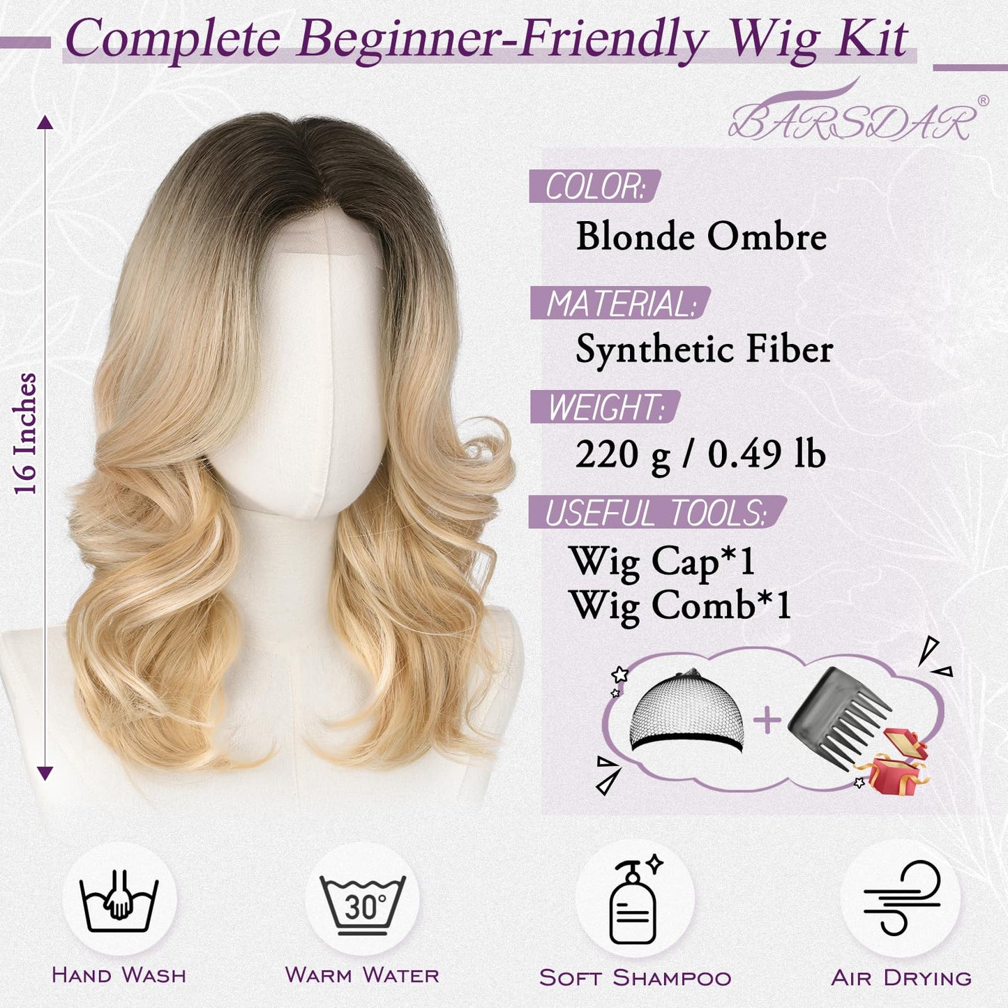 BARSDAR Short Wavy Layered Blonde Ombre Wig - Shoulder Length Wavy Ombre Blonde Wigs for Women - Short Body Wave Layered Wig with Face-Framing Curtain Bangs Soft Synthetic Natural Looking Daily Party