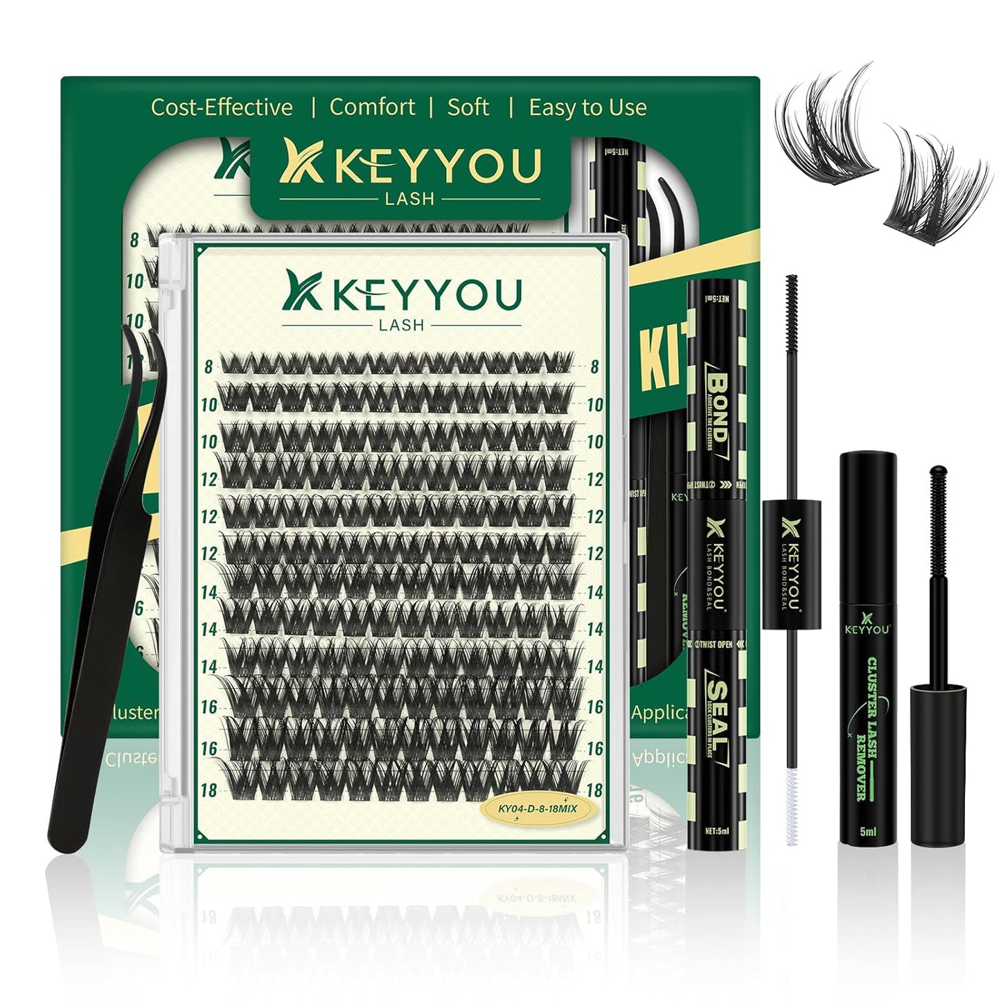 KEYYOU 3D Eyelash Clusters - 280pcs Wispy Volume Lashes | 80D D Curl, 9-18mm Mix