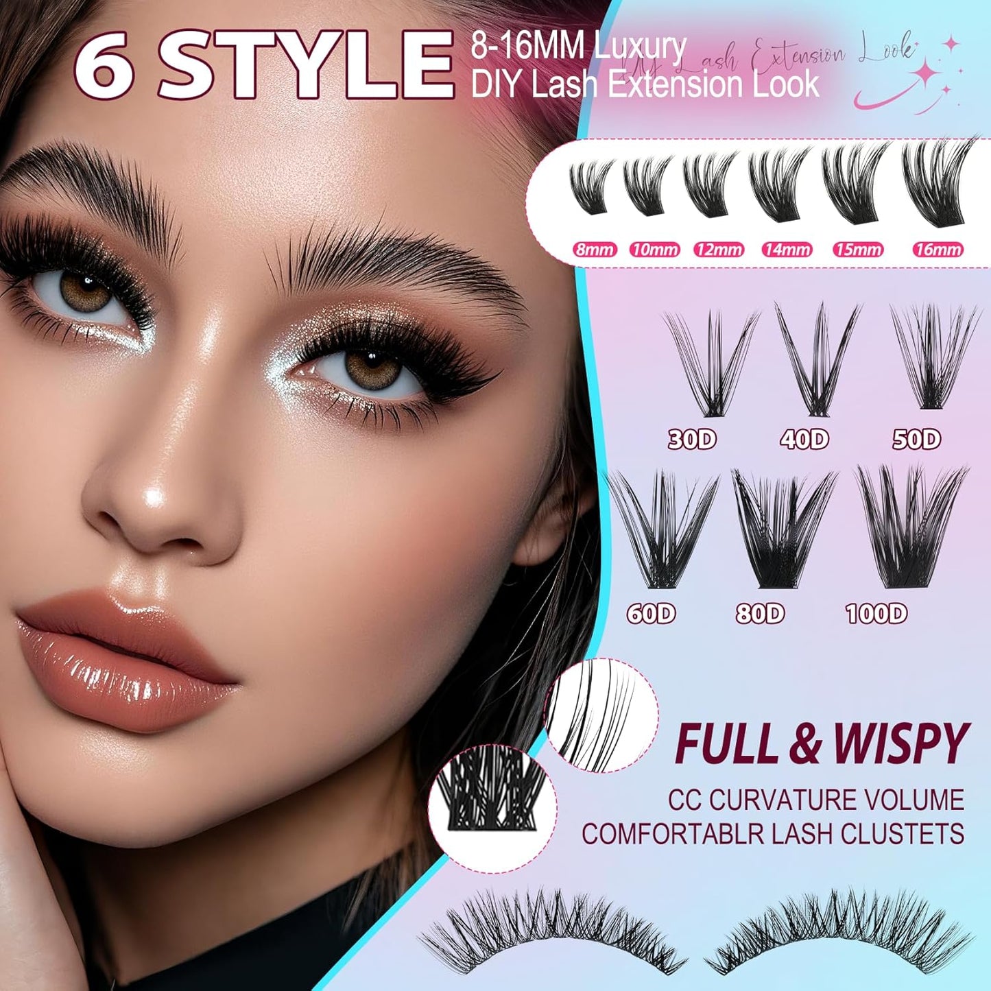 Lash Clusters Kit - 708 Pcs Individual Eyelash Extensions | 30D-100D Wispy Lashes with Bond, Seal & Tweezers - 10-16mm Mix