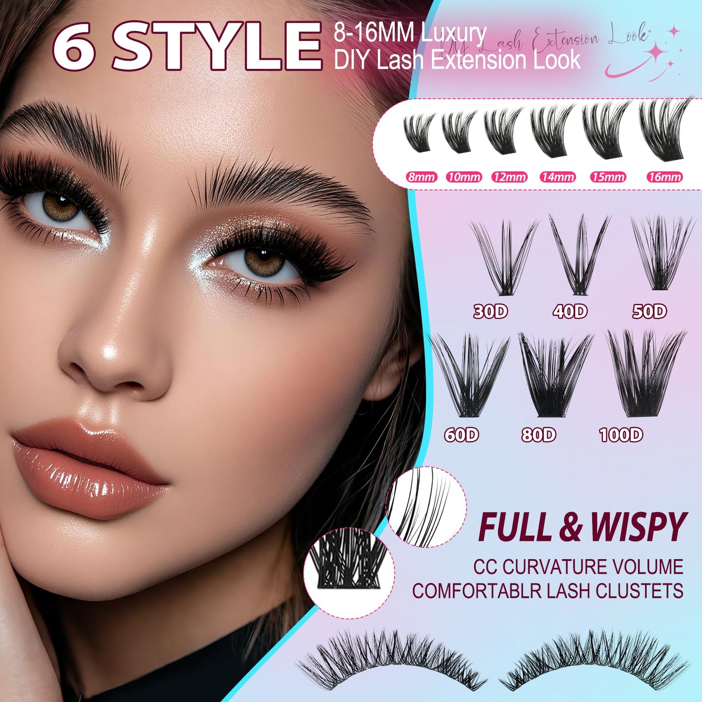Lash Clusters Kit 708Pcs Individual Cluster Lash Extensions Kit 30D+40D+50D+60D+80D+100D Wispy Eyelash Clusters with Lash Bond and Seal and Tweezers 10-16mm 6 Styles Mix Lashes Clusters Kit