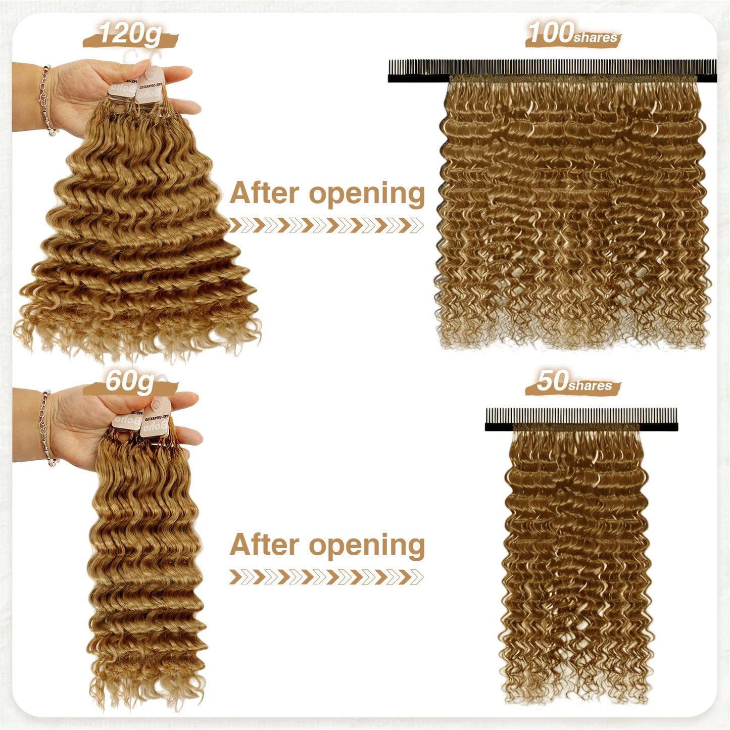 Human Crochet Hair for Black Women 18inch 120g Pre Separated 100 Strands Deep Wave 27# Invisible Miracle Knots Boho Honey Blonde Feather Crochet Human Hair,Lightweight No Itch