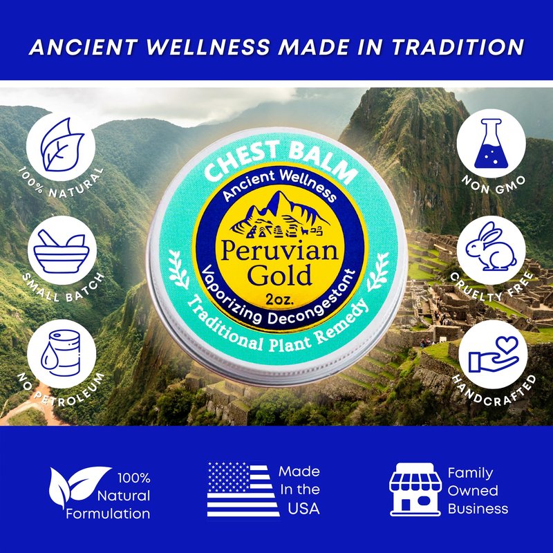 Peruvian Gold Chest Rub Balm Aromatic vaporizing Balm formulated to Soothe colds, Cough and Allergies. Made with Fast-Acting Eucalyptus and Pine to facilitate deep and Clear Breathing.
