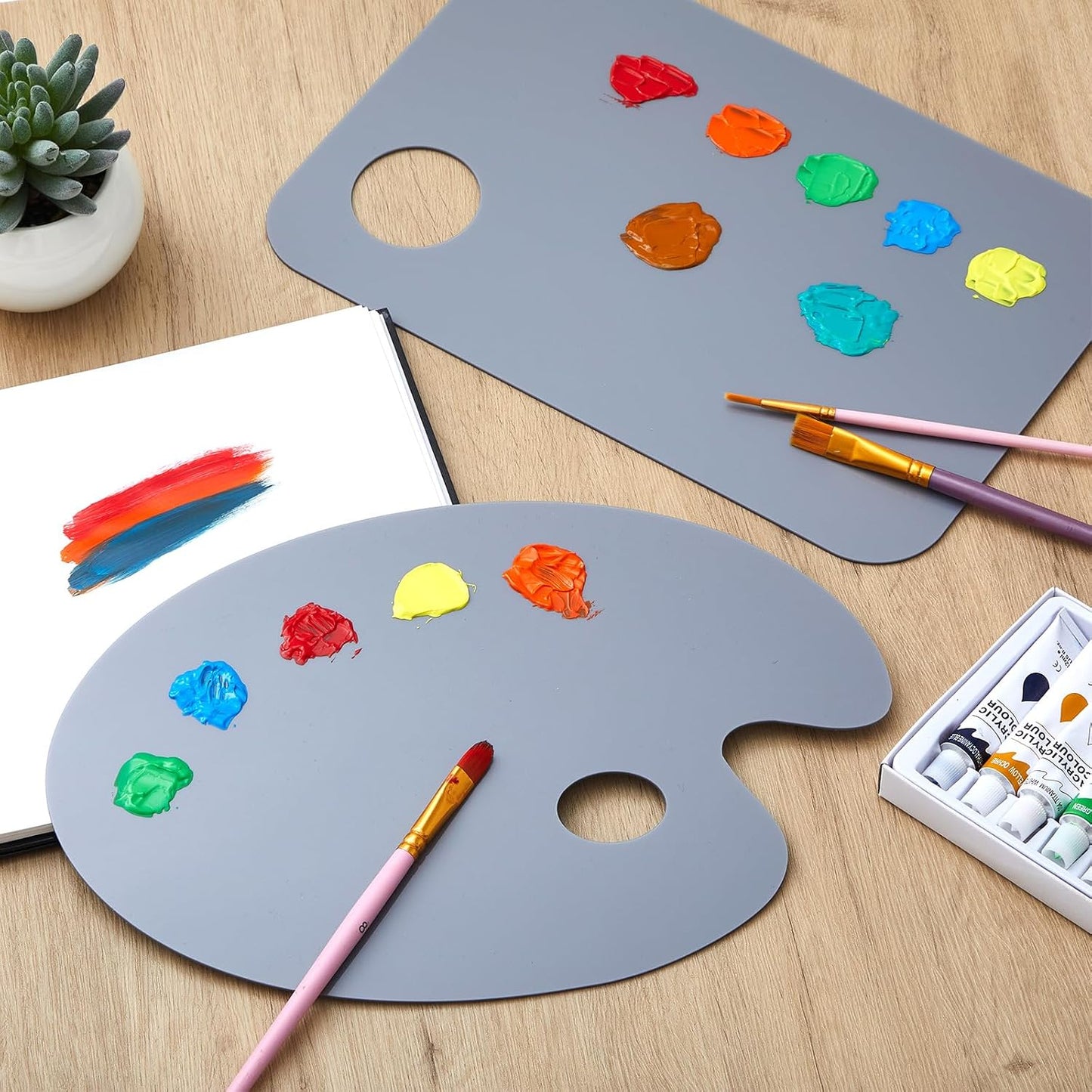 Acrylic Paint Palette - 2 Pack 11.8 x 7.9 Inch Neutral Grey | Easy to Clean Non-Stick Artist Pallet for Oil & Watercolor