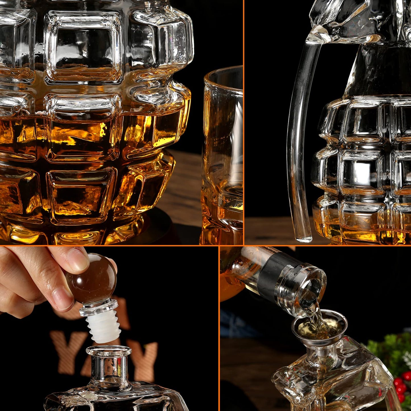 Whiskey Decanter Set Grenade Shaped Liquor Decanter Set with 2 Glasses - Scotch Bourbon Drinking Gift for Men&Women Dad Husband Boyfriend Brother Anniversary Birthday Christmas House Warming Present