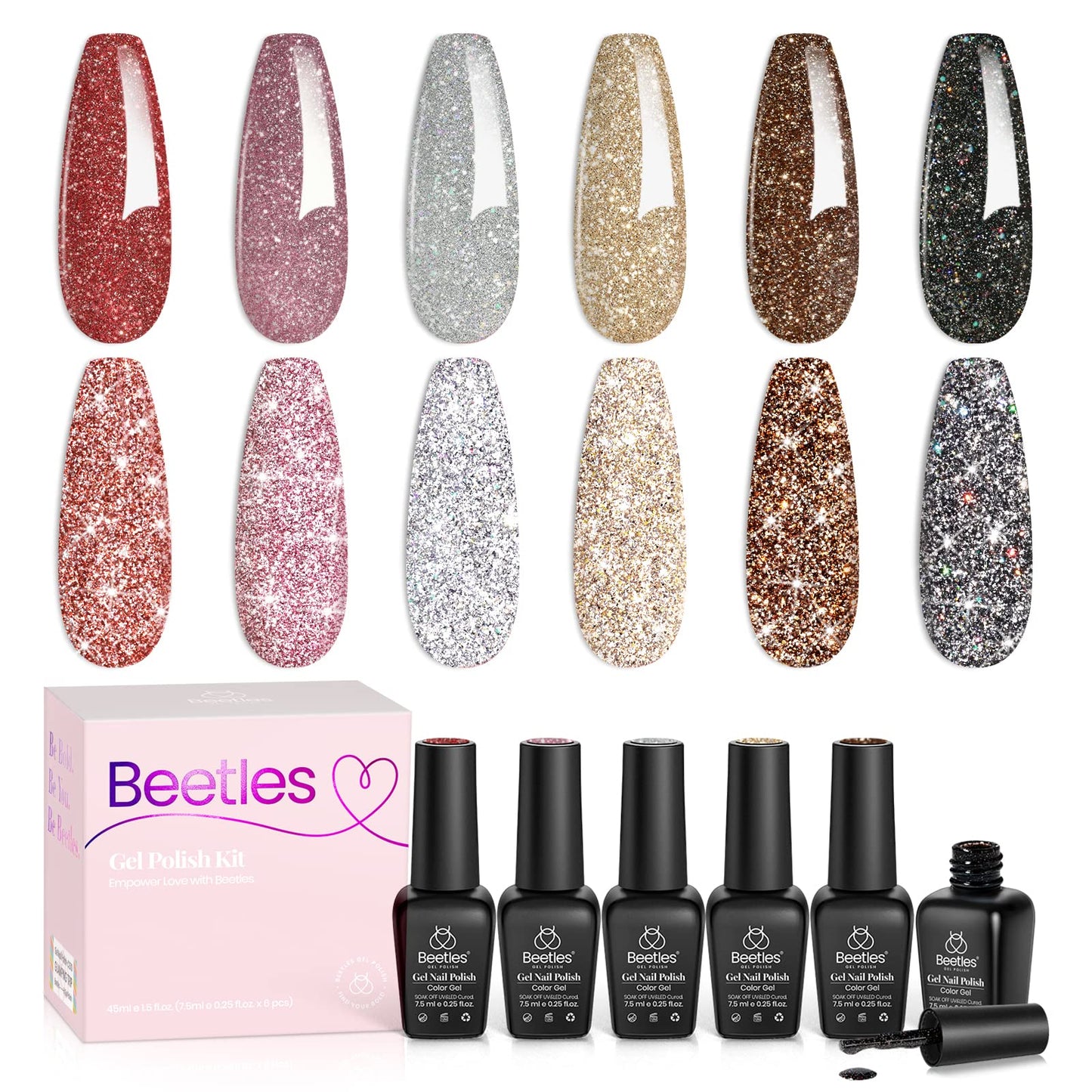 Beetles Glitter Gel Nail Polish, 6 Colors Holographic Sparkle Shimmer Gel Polish Flash Diamond Sliver Gold Red Black UV LED Soak Off Manicure Gift for Women