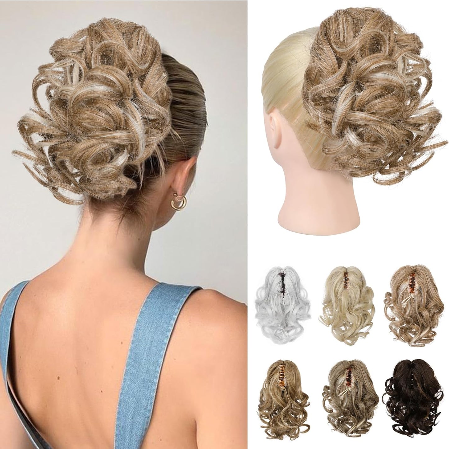 Ponytail Extension - 9" Claw Clip Short Curly Wavy Hairpiece | Dark Ash Blonde with Golden Ends