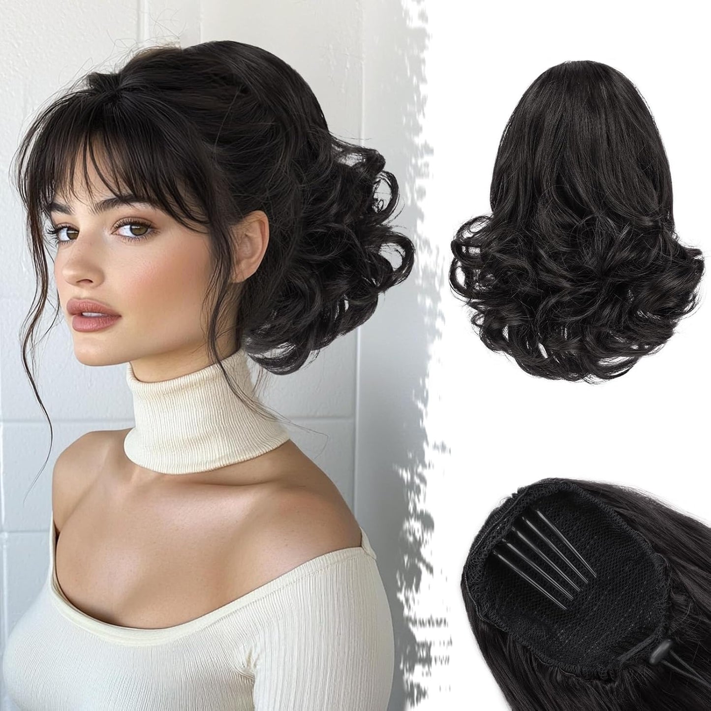 Dark Brown Ponytail Extension - 10 Inch Wavy Drawstring Hairpiece for Women | Synthetic Clip-In Ponytail
