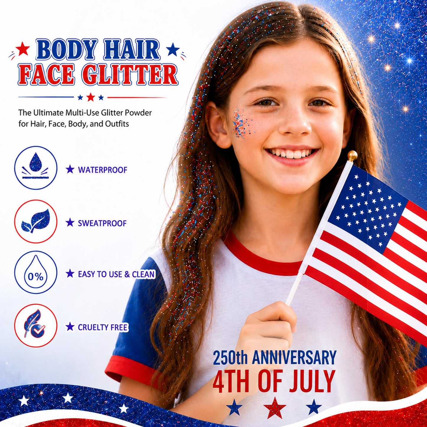 Patriotic Hair and Body Glitter Spray, 4th of July Decorations Accessories for 250 Anniversary Independence Day, Fourth of July Outfits for Women Kids, Red White and Blue Glitter Sparkle Powder