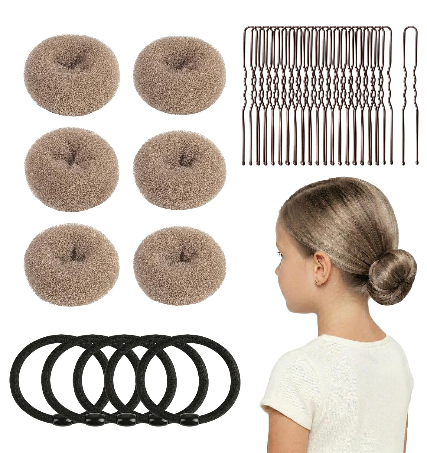 Small Hair Donut Bun Maker Set - 6 Pcs Firm Hold Chignon Ring for Thin Hair | Includes 5 Hair Ties & 20 U Pins - Beige