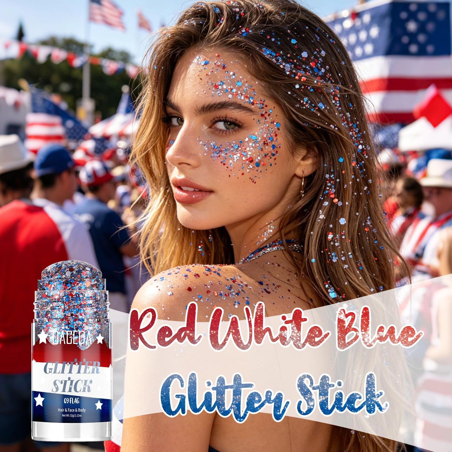 DAGEDA Red White Blue Body Glitter Stick,4th of July Accessories Hair Face Glitter Makeup for Women,Sparkle Patriotic Glitters Face Paint Stick,Memorial Day Fourth of July Outfits for Girls 1.12 oz