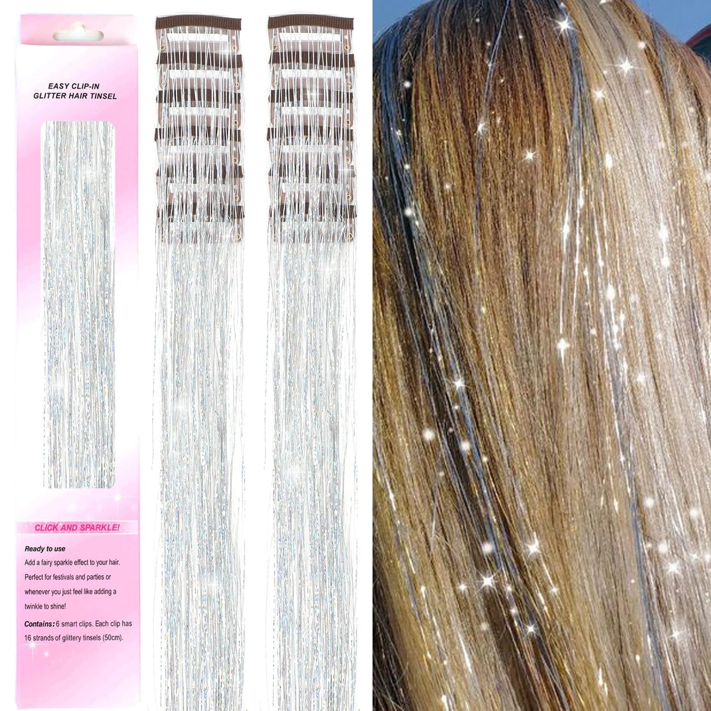 USHUIUS Hair Tinsel Clip in 12Pcs Silver Tinsel Hair Extensions Clip in Hair Tinsel Fairy Glitter Hair Tinsel Kit Heat Resistant Sparkly Hair Accessories for Girls Women Kids (12Pcs SILVER)