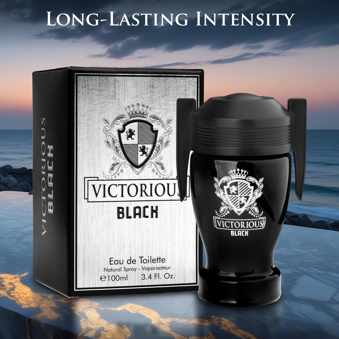 Victorious Black for Men Eau De Toilette 3.4 Fl Oz- Top Notes of Juicy Mandarin Orange & Grapefruit Blended with Sea Notes Base Notes of Ambergris, Guaiac Wood, Patchouli & Moss Elegant 100ml Bottle